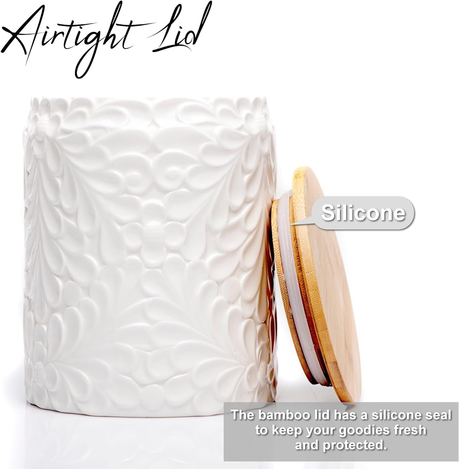 Engraved Ceramic Kitchen Canister - Storage Jars with Airtight Lids Made from Bamboo with Nature-Inspired Engraving - Use as a Pasta Holder, Coffee Ground Holder, Rice Container, Candy Jar - 30 Ounces Engraved Ceramic Kitchen Canister - Storage Jars with Airtight Lids Made from Bamboo with Nature-Inspired Engraving - Use as a Pasta Holder, Coffee Ground Holder, Rice Container, Candy Jar - 30 Ounces