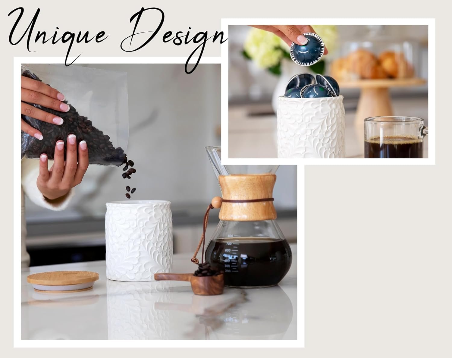 Engraved Ceramic Kitchen Canister - Storage Jars with Airtight Lids Made from Bamboo with Nature-Inspired Engraving - Use as a Pasta Holder, Coffee Ground Holder, Rice Container, Candy Jar - 30 Ounces Engraved Ceramic Kitchen Canister - Storage Jars with Airtight Lids Made from Bamboo with Nature-Inspired Engraving - Use as a Pasta Holder, Coffee Ground Holder, Rice Container, Candy Jar - 30 Ounces