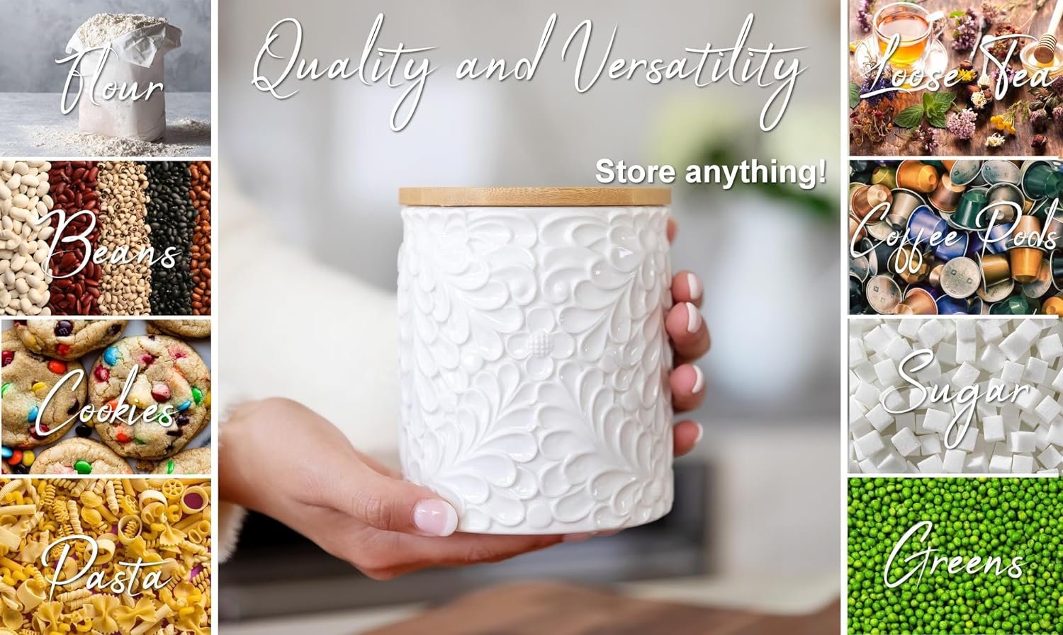 Engraved Ceramic Kitchen Canister - Storage Jars with Airtight Lids Made from Bamboo with Nature-Inspired Engraving - Use as a Pasta Holder, Coffee Ground Holder, Rice Container, Candy Jar - 30 Ounces Engraved Ceramic Kitchen Canister - Storage Jars with Airtight Lids Made from Bamboo with Nature-Inspired Engraving - Use as a Pasta Holder, Coffee Ground Holder, Rice Container, Candy Jar - 30 Ounces