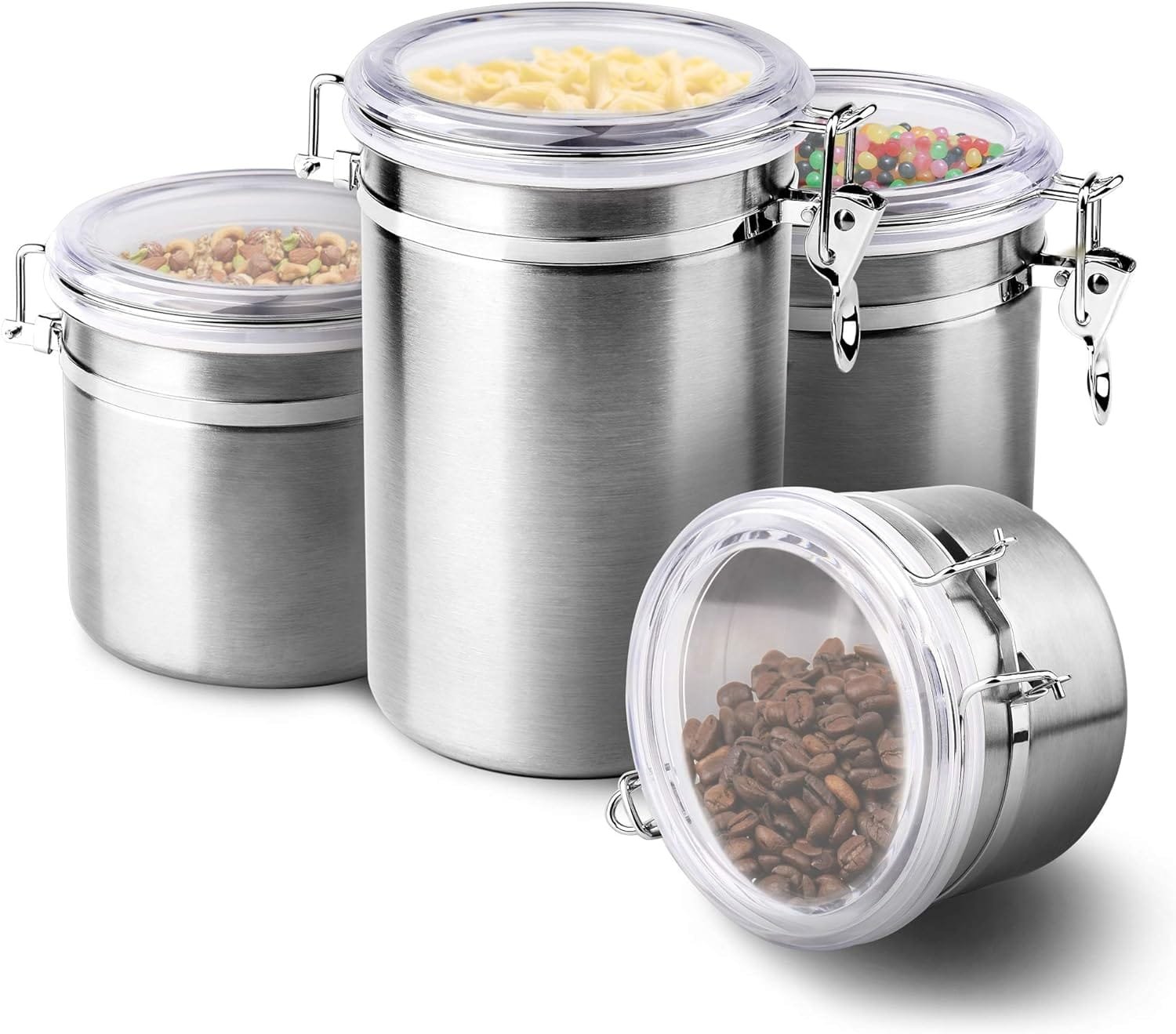 ENLOY 4-Piece Stainless Steel Airtight Food Storage Canister Set with Clear Lid, Containers Sets for Kitchen Counter for Sugar, Flour, Tea, Candy, Cookie, Spice, 28/32/38/65 oz ENLOY 4-Piece Stainless Steel Airtight Food Storage Canister Set with Clear Lid, Containers Sets for Kitchen Counter for Sugar, Flour, Tea, Candy, Cookie, Spice, 28/32/38/65 oz