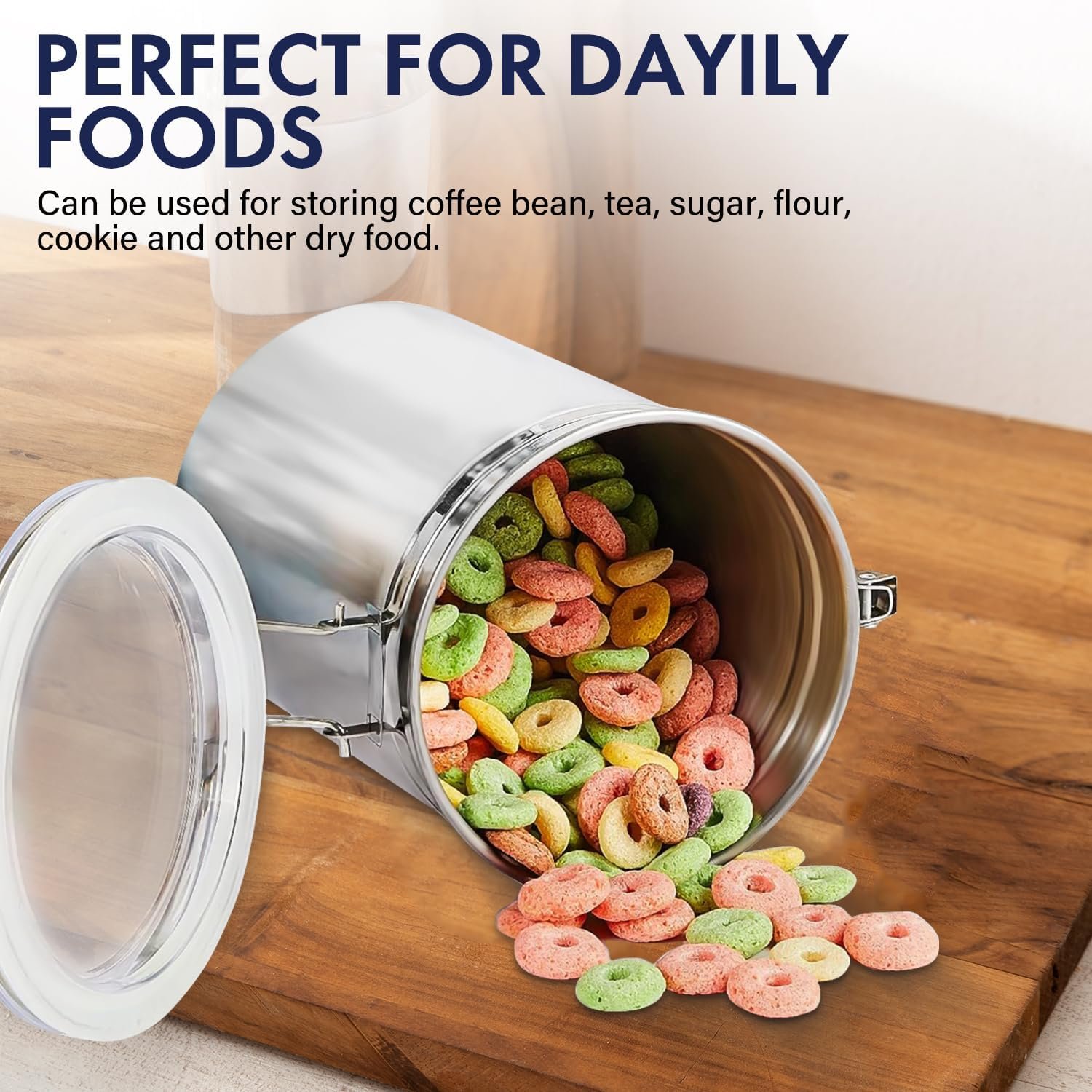 ENLOY 4-Piece Stainless Steel Airtight Food Storage Canister Set with Clear Lid, Containers Sets for Kitchen Counter for Sugar, Flour, Tea, Candy, Cookie, Spice, 28/32/38/65 oz ENLOY 4-Piece Stainless Steel Airtight Food Storage Canister Set with Clear Lid, Containers Sets for Kitchen Counter for Sugar, Flour, Tea, Candy, Cookie, Spice, 28/32/38/65 oz