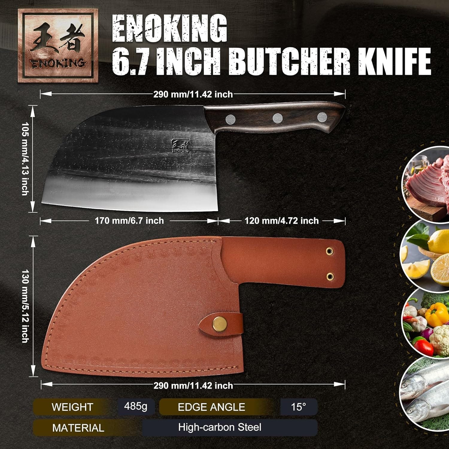 ENOKING HandForged Meat Cleaver Knife 6.7 Inch Handmade High Manganese Steel Serbian Chef Knife with Leather Sheath, Cleaver with Full Tang Handle for Kitchen, Camping, BBQ