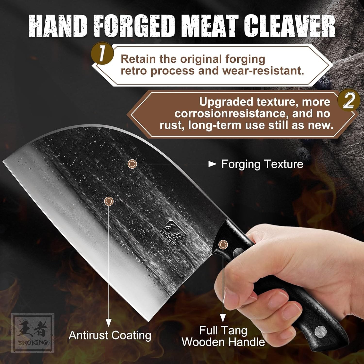 ENOKING HandForged Meat Cleaver Knife 6.7 Inch Handmade High Manganese Steel Serbian Chef Knife with Leather Sheath, Cleaver with Full Tang Handle for Kitchen, Camping, BBQ