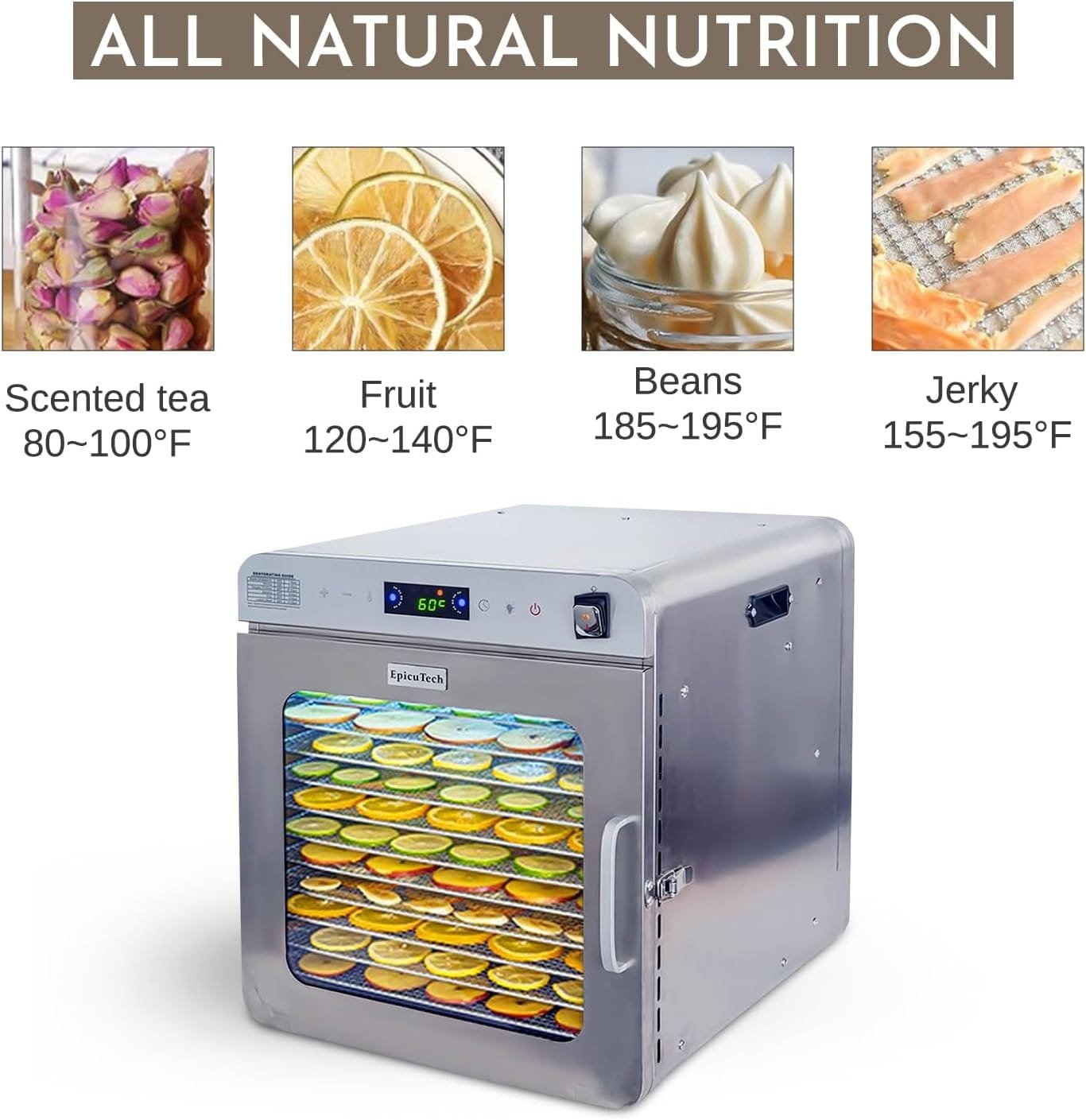 EpicuTech Food Dehydrator, Large Drying Space with 18.14 ft², 800W Dehydrated Dryer, 12 Pack Stainless Steel Trays, 24H Timer, 194°F Temperature Control, Ozone Deodorization and Disinfection