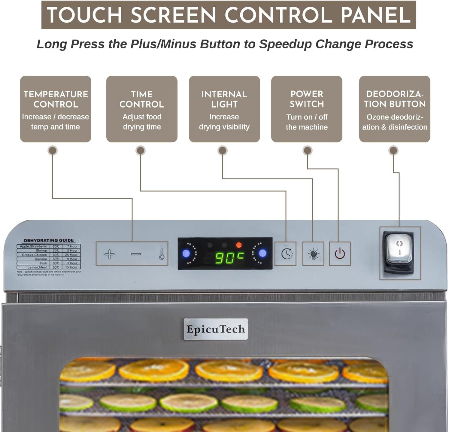 EpicuTech Food Dehydrator, Large Drying Space with 18.14 ft², 800W Dehydrated Dryer, 12 Pack Stainless Steel Trays, 24H Timer, 194°F Temperature Control, Ozone Deodorization and Disinfection
