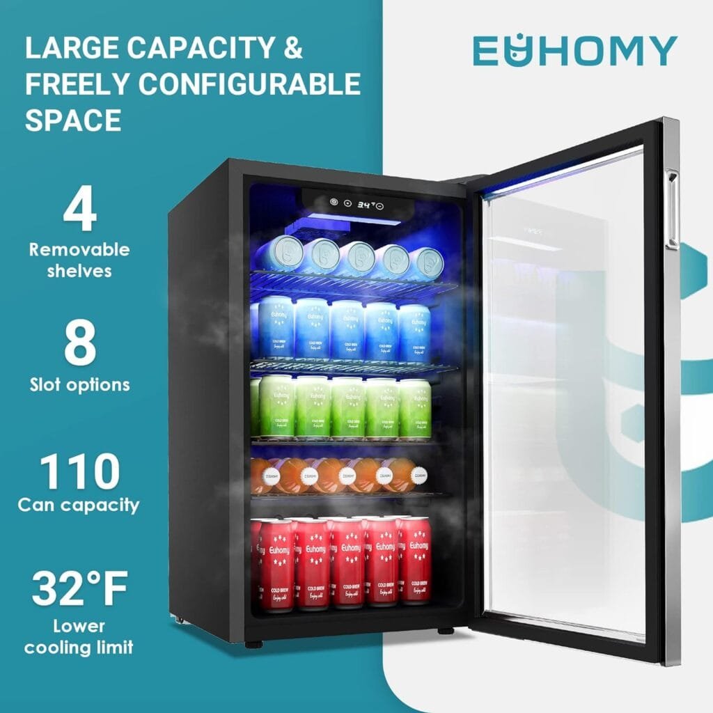 EUHOMY Beverage Refrigerator and Cooler, 126 Can Mini fridge with Glass Door, Small Refrigerator with Adjustable Shelves for Soda Beer or Wine, Perfect for Home/Bar/Office (Slive). EUHOMY Beverage Refrigerator and Cooler, 126 Can Mini fridge with Glass Door, Small Refrigerator with Adjustable Shelves for Soda Beer or Wine, Perfect for Home/Bar/Office (Slive).