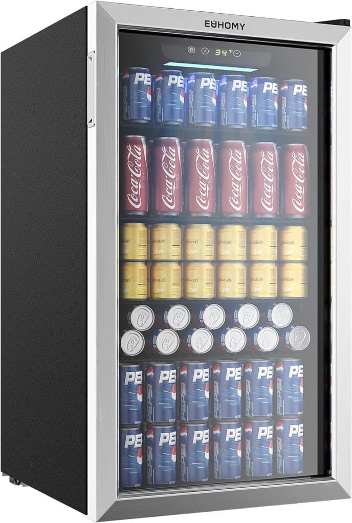 EUHOMY Beverage Refrigerator and Cooler, 126 Can Mini fridge with Glass Door, Small Refrigerator with Adjustable Shelves for Soda Beer or Wine, Perfect for Home/Bar/Office (Slive). EUHOMY Beverage Refrigerator and Cooler, 126 Can Mini fridge with Glass Door, Small Refrigerator with Adjustable Shelves for Soda Beer or Wine, Perfect for Home/Bar/Office (Slive).