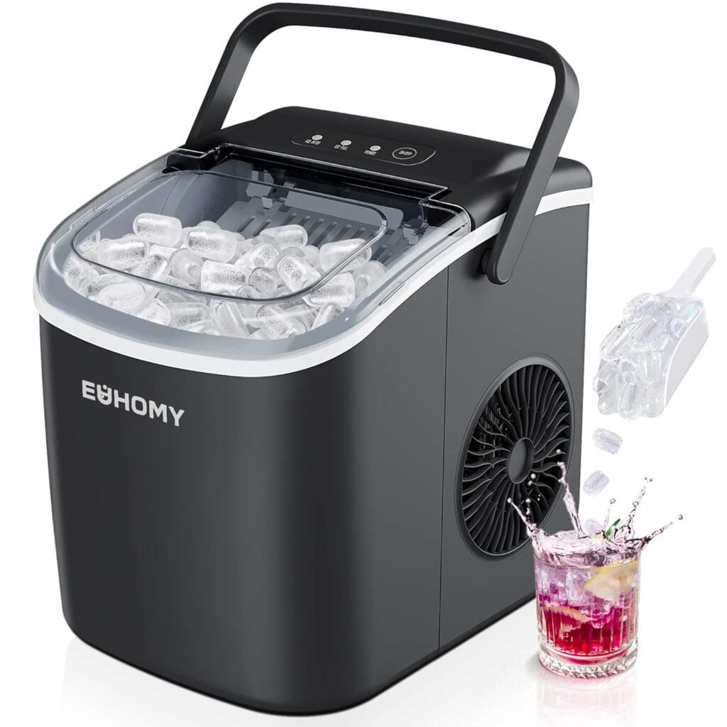 EUHOMY Countertop Ice Maker Machine with Handle, 26lbs in 24Hrs, 9 Ice Cubes Ready in 6 Mins, Auto-Cleaning Portable Ice Maker with Basket and Scoop, for Home/Kitchen/Camping/RV. (Black) EUHOMY Countertop Ice Maker Machine with Handle, 26lbs in 24Hrs, 9 Ice Cubes Ready in 6 Mins, Auto-Cleaning Portable Ice Maker with Basket and Scoop, for Home/Kitchen/Camping/RV. (Black)