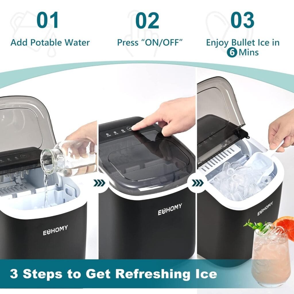 EUHOMY Countertop Ice Maker Machine with Handle, 26lbs in 24Hrs, 9 Ice Cubes Ready in 6 Mins, Auto-Cleaning Portable Ice Maker with Basket and Scoop, for Home/Kitchen/Camping/RV. (Black) EUHOMY Countertop Ice Maker Machine with Handle, 26lbs in 24Hrs, 9 Ice Cubes Ready in 6 Mins, Auto-Cleaning Portable Ice Maker with Basket and Scoop, for Home/Kitchen/Camping/RV. (Black)
