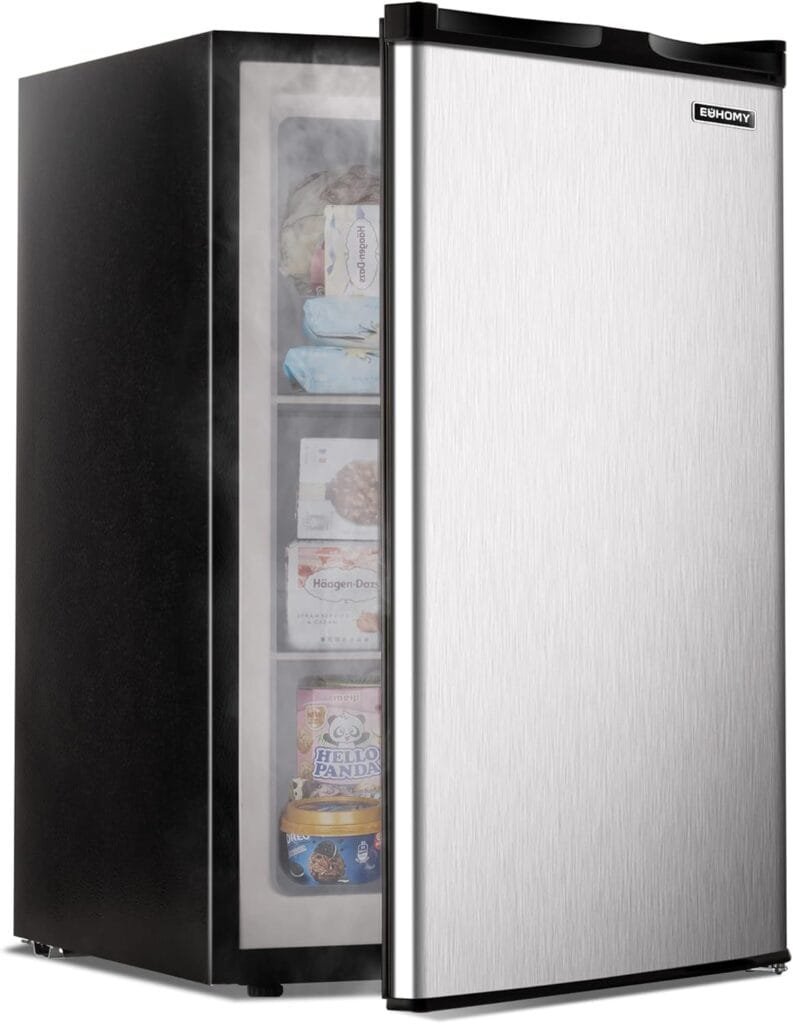 EUHOMY Upright freezer, 3.0 Cubic Feet, Single Door Compact Mini Freezer with Reversible Stainless Steel Door, Small freezer for Home/Dorms/Apartment/Office (Silver) EUHOMY Upright freezer, 3.0 Cubic Feet, Single Door Compact Mini Freezer with Reversible Stainless Steel Door, Small freezer for Home/Dorms/Apartment/Office (Silver)