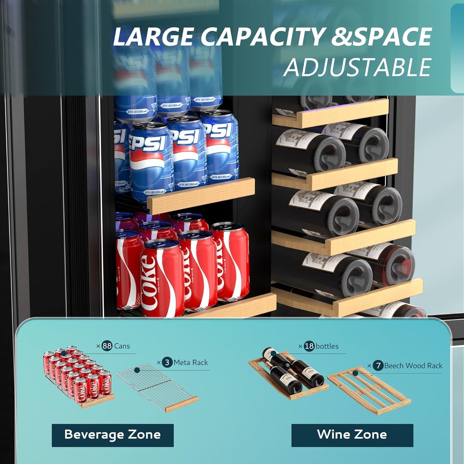 EUHOMY Wine and Beverage Refrigerator, 24 Inch Dual Zone Wine Cooler with Glass Door Hold 21 Bottles and 88 Cans, Built in or Freestanding Under Counter Wine Fridge with Blue LED Light. EUHOMY Wine and Beverage Refrigerator, 24 Inch Dual Zone Wine Cooler with Glass Door Hold 21 Bottles and 88 Cans, Built in or Freestanding Under Counter Wine Fridge with Blue LED Light.