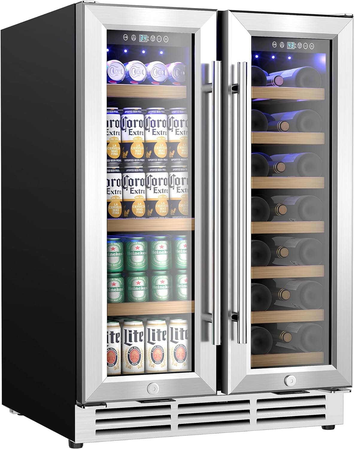 EUHOMY Wine and Beverage Refrigerator, 24 Inch Dual Zone Wine Cooler with Glass Door Hold 21 Bottles and 88 Cans, Built in or Freestanding Under Counter Wine Fridge with Blue LED Light. EUHOMY Wine and Beverage Refrigerator, 24 Inch Dual Zone Wine Cooler with Glass Door Hold 21 Bottles and 88 Cans, Built in or Freestanding Under Counter Wine Fridge with Blue LED Light.