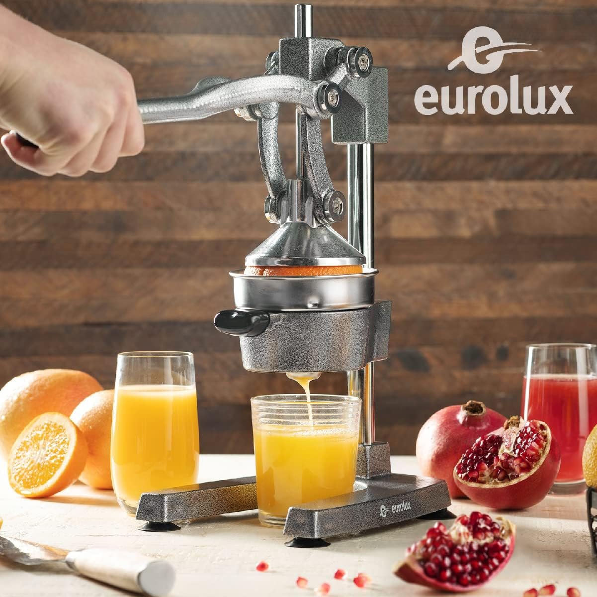 Eurolux Cast Iron Citrus Juicer | Extra-Large Commercial Grade Manual Hand Press | Heavy Duty Countertop Squeezer for Fresh Orange Juice (Bonus Stainless Steel Cup) (Black)