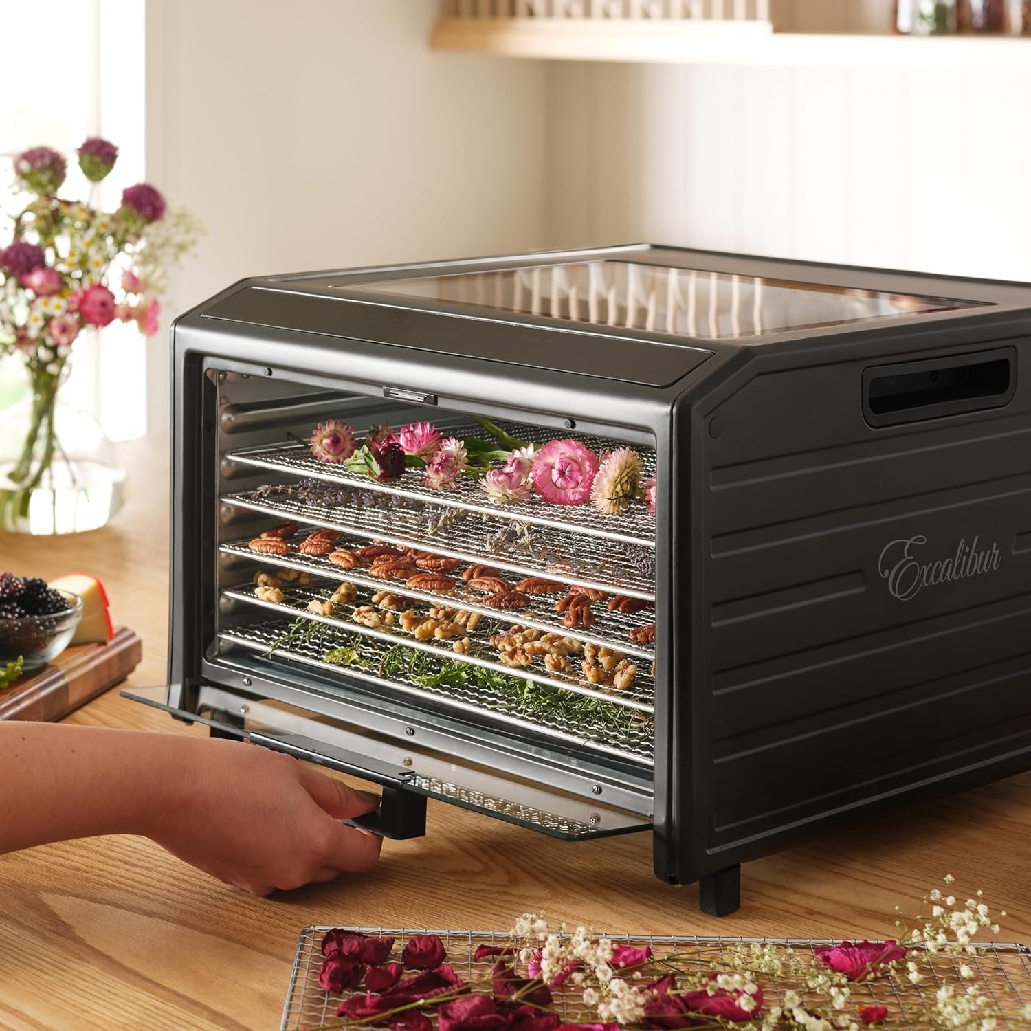 Excalibur Electric Food Dehydrator Select Series 10-Tray with Adjustable Temperature Control Includes Chrome Plated Drying Trays Stainless Steel Construction and Glass French Doors, 800-Watts, Black