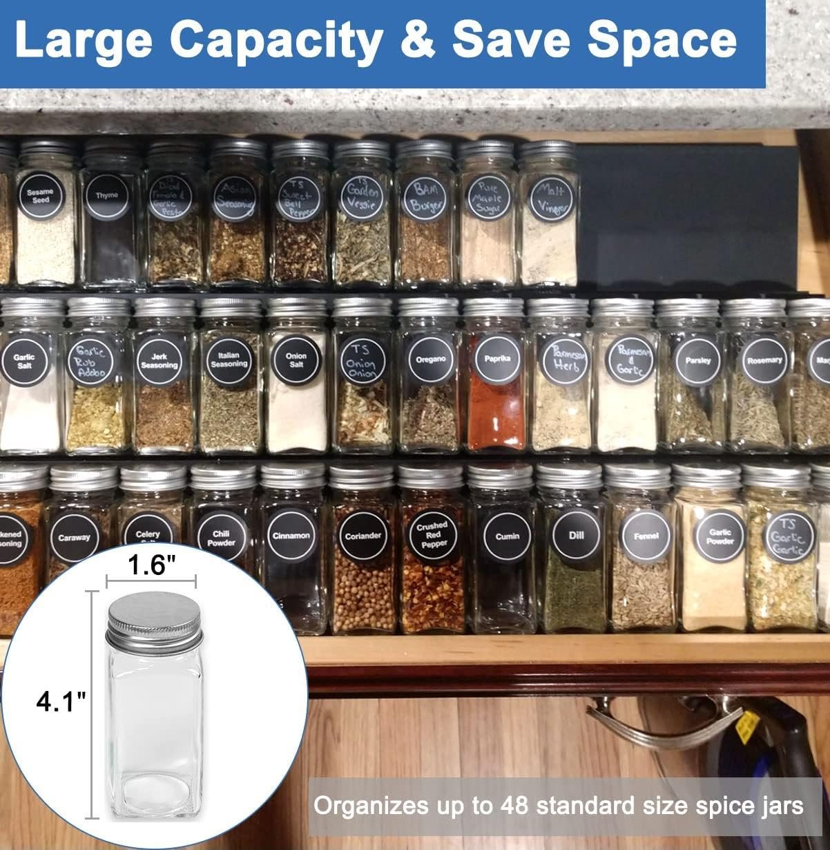 Expandable Spice Drawer Rack Organizer Insert for Kitchen Cabinet - Multi Tier Adjustable Spice Storage Shelf for Seasoning and Jar, Pack of 12