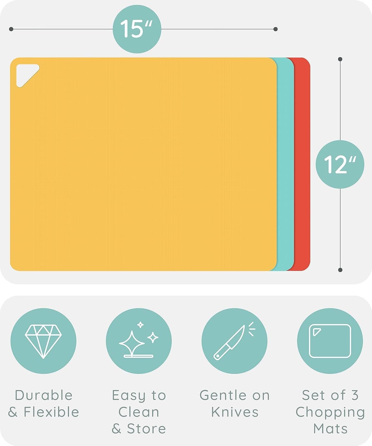 Extra Thick Flexible Cutting Boards for Kitchen, Cutting Mats for Cooking, Colored Cutting Mat Set, Non-Slip Cutting Sheets, Flexible Plastic Cutting Board Set of 3, 15x12