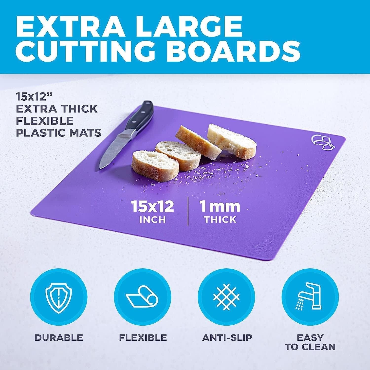 Extra Thick Flexible Plastic Cutting Board Mats with Food Icons  EZ-Grip Waffle Back, (Set of 6) Dishwasher Safe