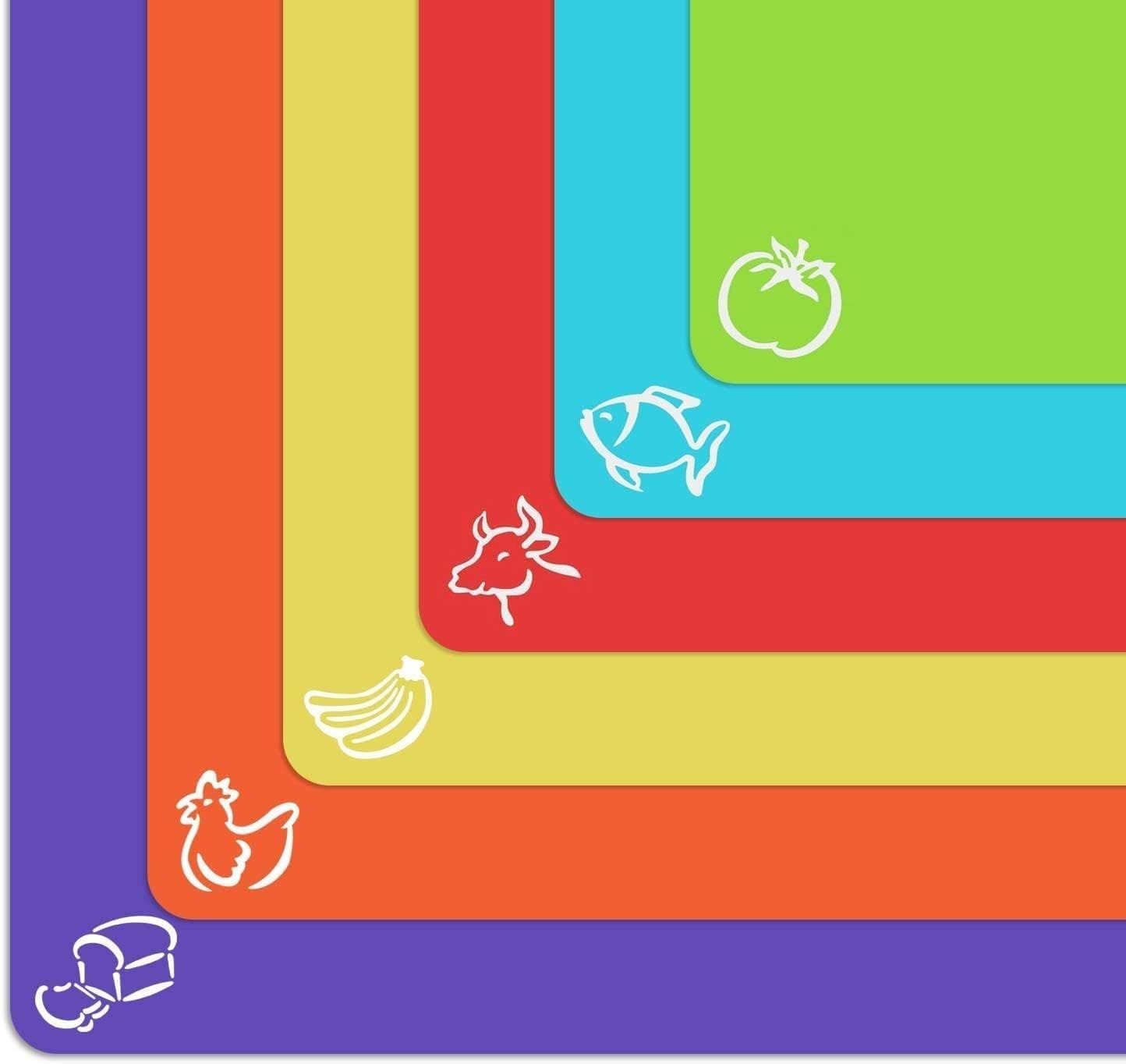 Extra Thick Flexible Plastic Cutting Board Mats with Food Icons  EZ-Grip Waffle Back, (Set of 6) Dishwasher Safe