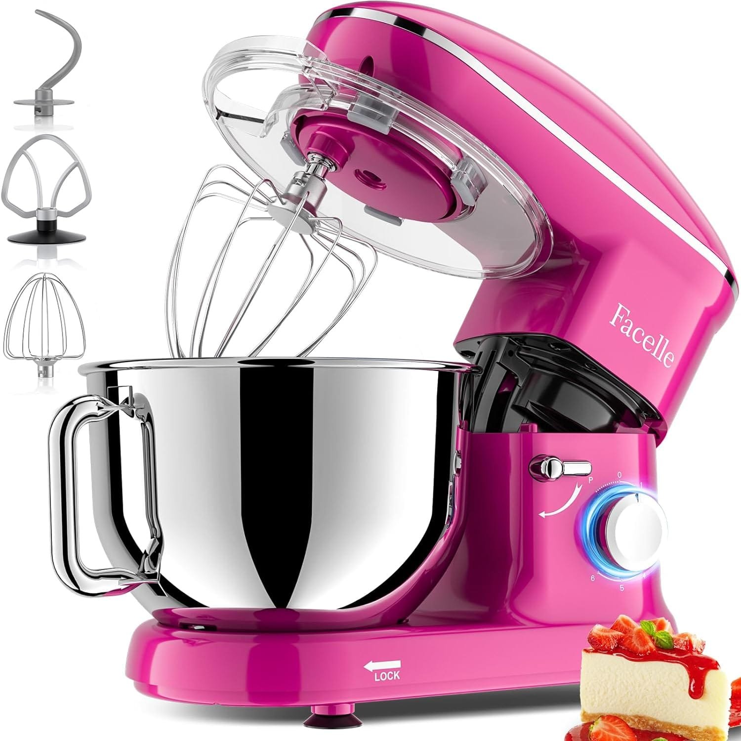 Facelle Stand Mixer, 660W 6 Speed Electric Kitchen Mixer with Pulse Button, Attachments include 6.5QT Bowl, Dishwasher Safe Beater,Dough Hook,Whisk  Splash Guard for Dough,Baking,Cakes,Cookie(Purple)