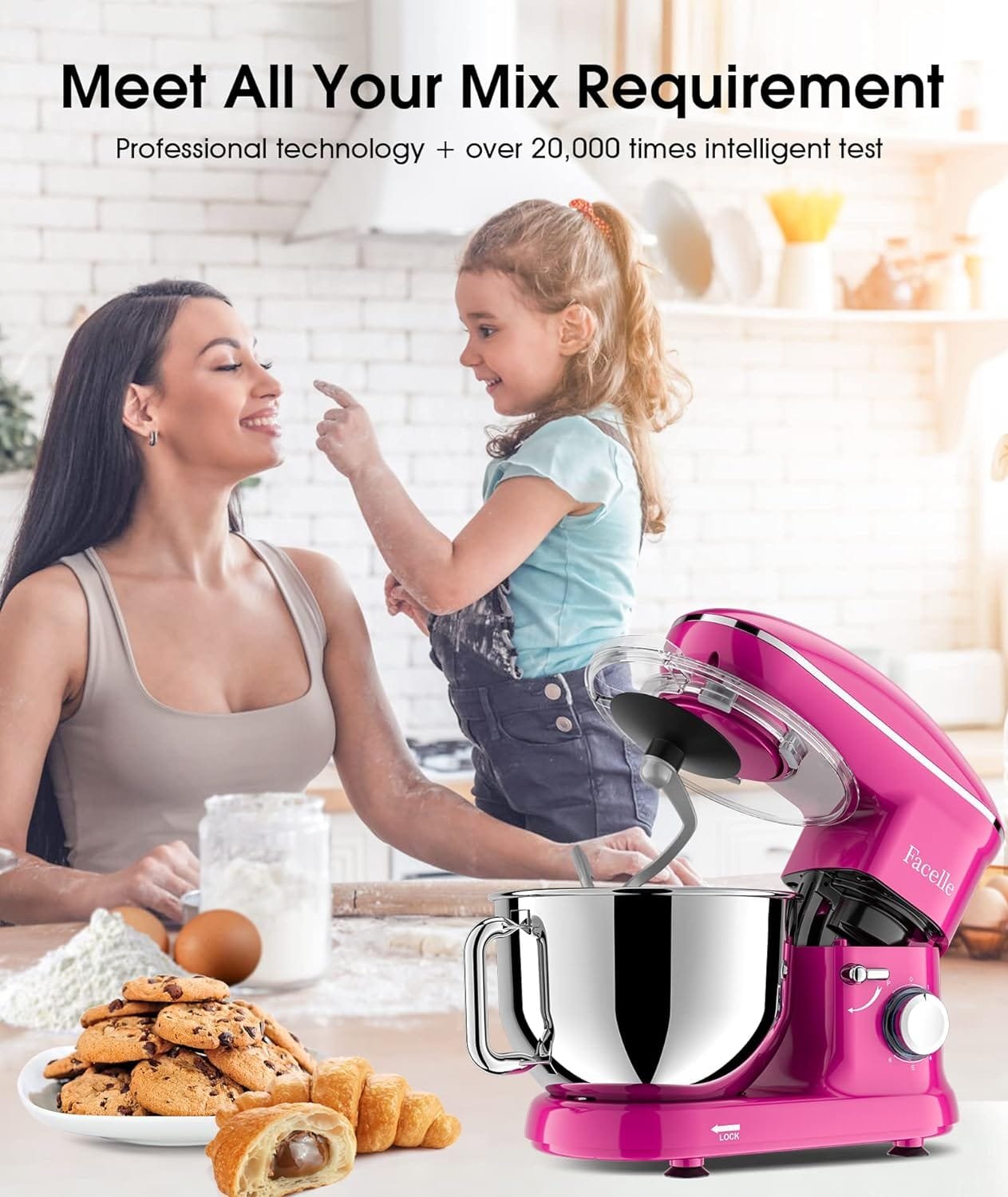 Facelle Stand Mixer, 660W 6 Speed Electric Kitchen Mixer with Pulse Button, Attachments include 6.5QT Bowl, Dishwasher Safe Beater,Dough Hook,Whisk  Splash Guard for Dough,Baking,Cakes,Cookie(Purple)
