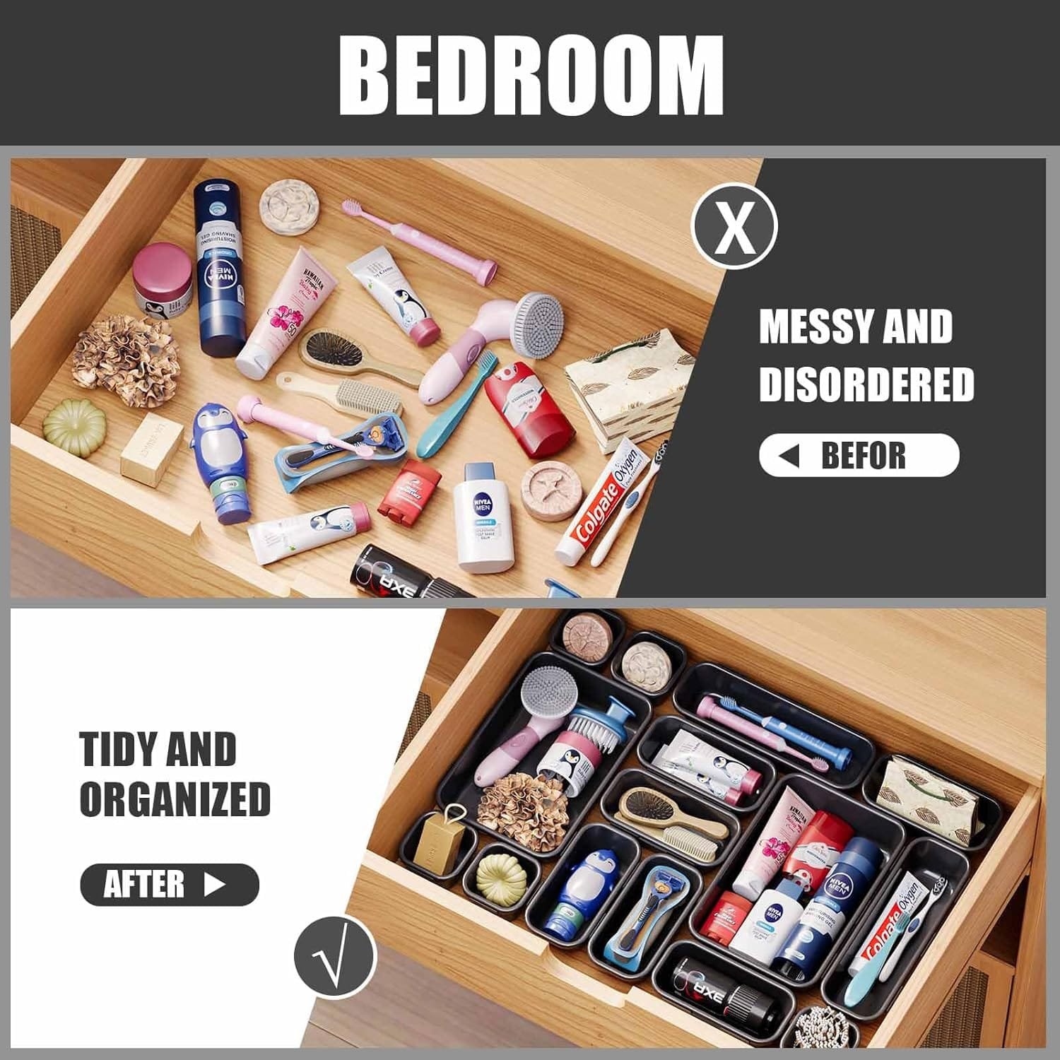 Famhap 16 PCS Plastic Drawer Organizer Set, Desk Drawer Organizer Divider Trays, Vanity Storage Bins for Makeup, Jewelry, Utensils, Gadgets for Kitchen, Bedroom, Bathroom and Office (Lilac)