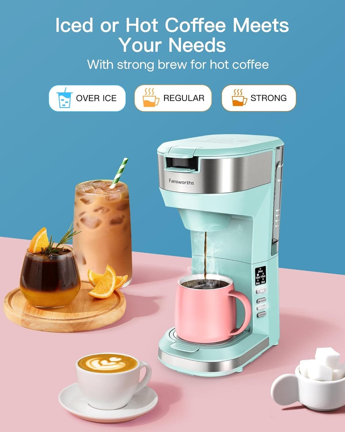 Famiworths Upgraded Hot and Iced Coffee Maker for K Cups and Ground Coffee, 4-5 Cups Coffee Maker and Single-serve Brewers, with 30Oz Removable Water Reservoir, 6 to 24Oz Cup Size, Classic Black