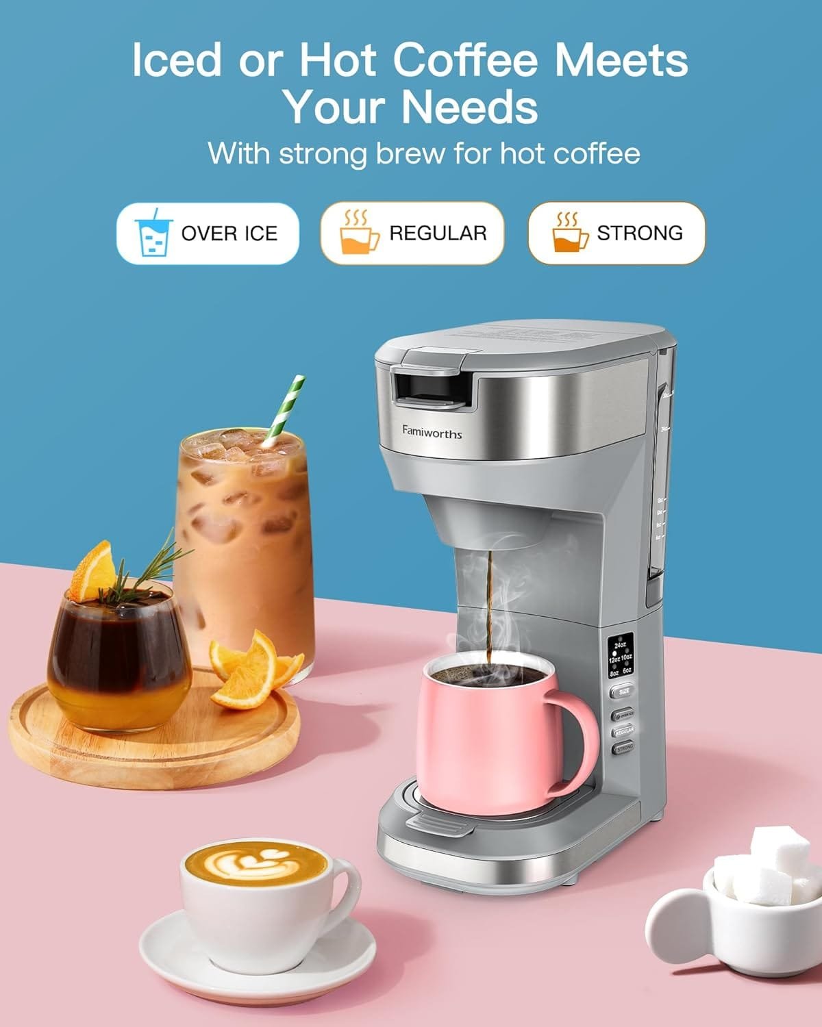 Famiworths Upgraded Hot and Iced Coffee Maker for K Cups and Ground Coffee, 4-5 Cups Coffee Maker and Single-serve Brewers, with 30Oz Removable Water Reservoir, 6 to 24Oz Cup Size, Classic Black