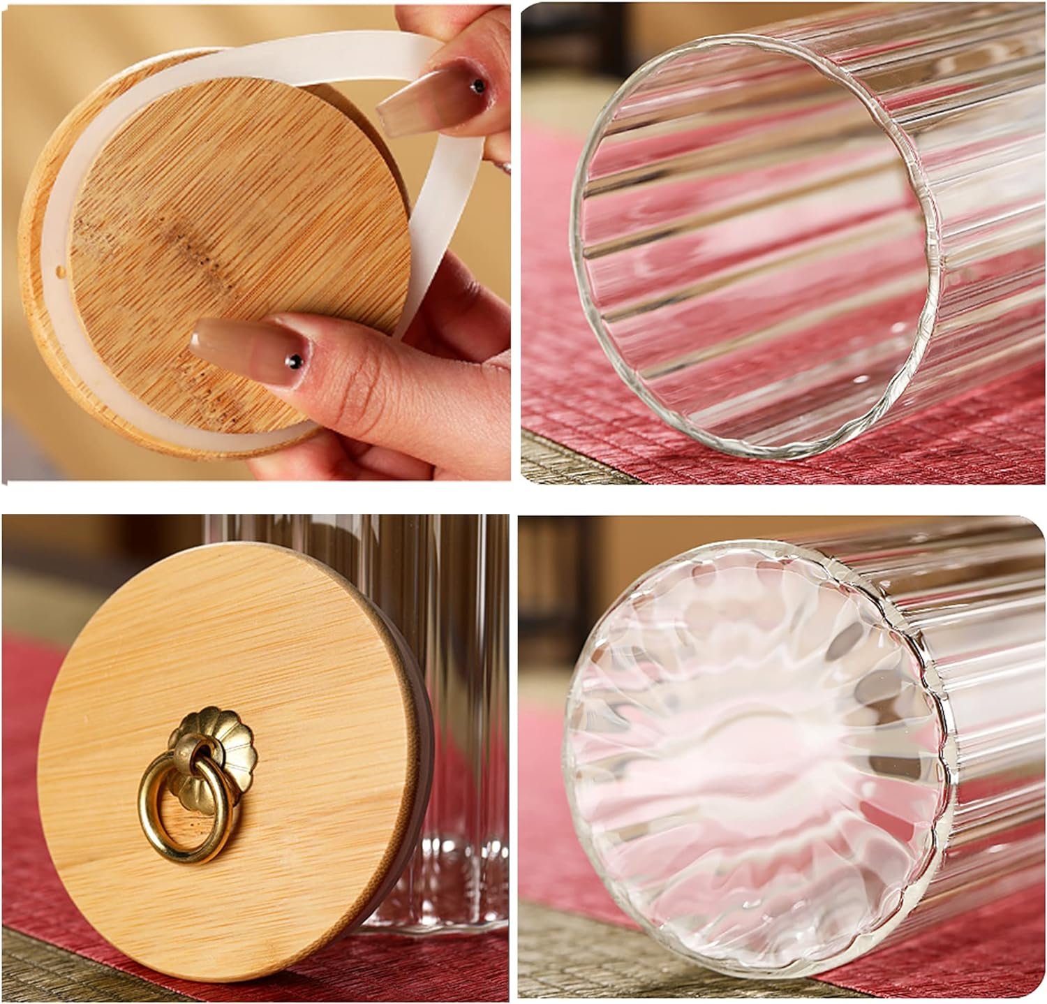 FANTESTICRYAN Glass Storage Jars Set of 5, Decorative Coffee Bar Container with Airtight Bamboo Lid Metal Ring for Home Kitchen Storing Candy, Cookie, Pasta, Nuts, Oatmeal and Bathroom Salt