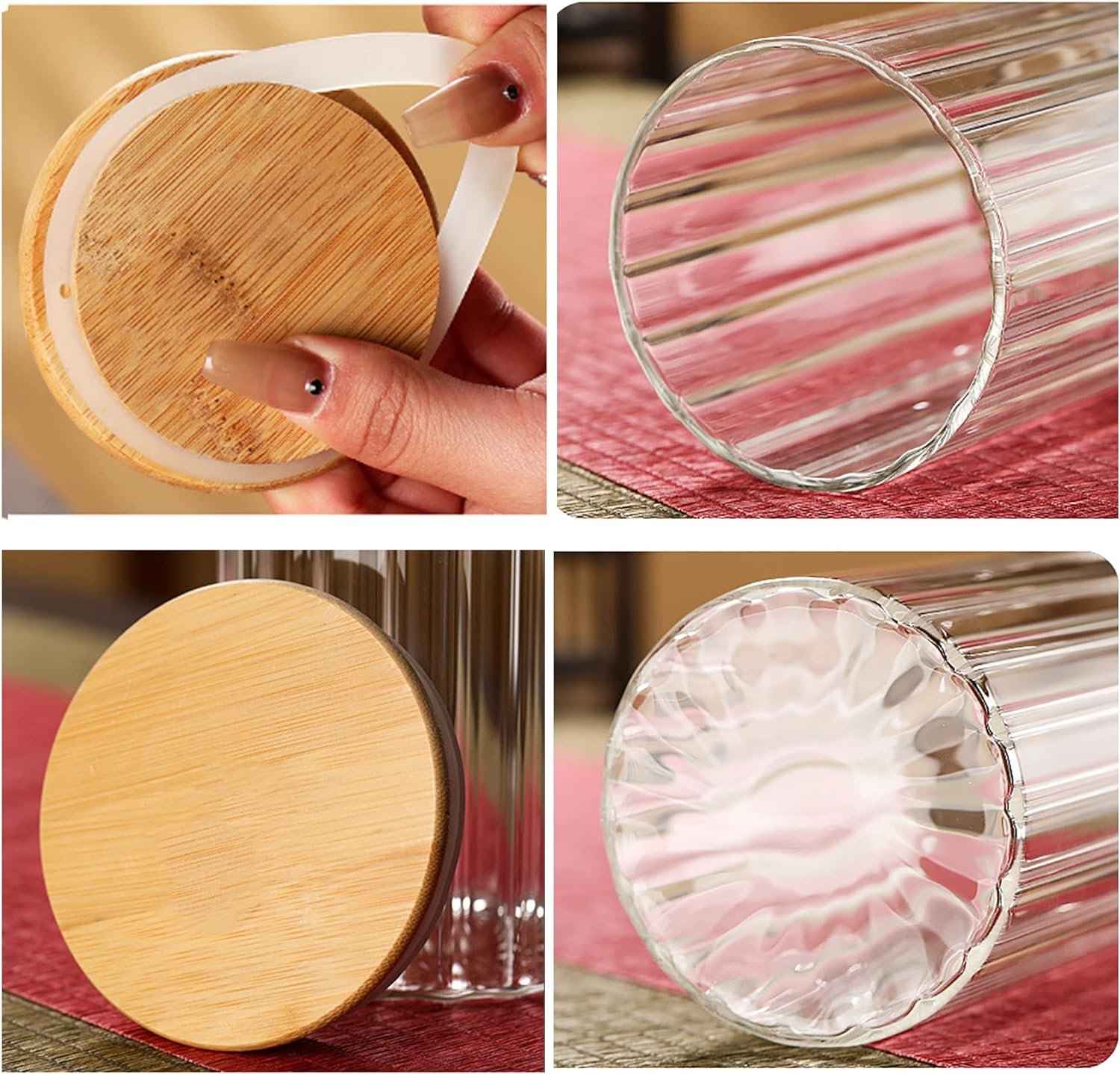 FANTESTICRYAN Glass Storage Jars Set of 5, Decorative Coffee Bar Container with Airtight Bamboo Lid Metal Ring for Home Kitchen Storing Candy, Cookie, Pasta, Nuts, Oatmeal and Bathroom Salt