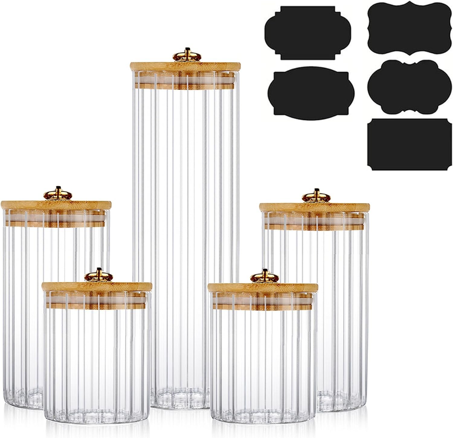 FANTESTICRYAN Glass Storage Jars Set of 5, Decorative Coffee Bar Container with Airtight Bamboo Lid Metal Ring for Home Kitchen Storing Candy, Cookie, Pasta, Nuts, Oatmeal and Bathroom Salt