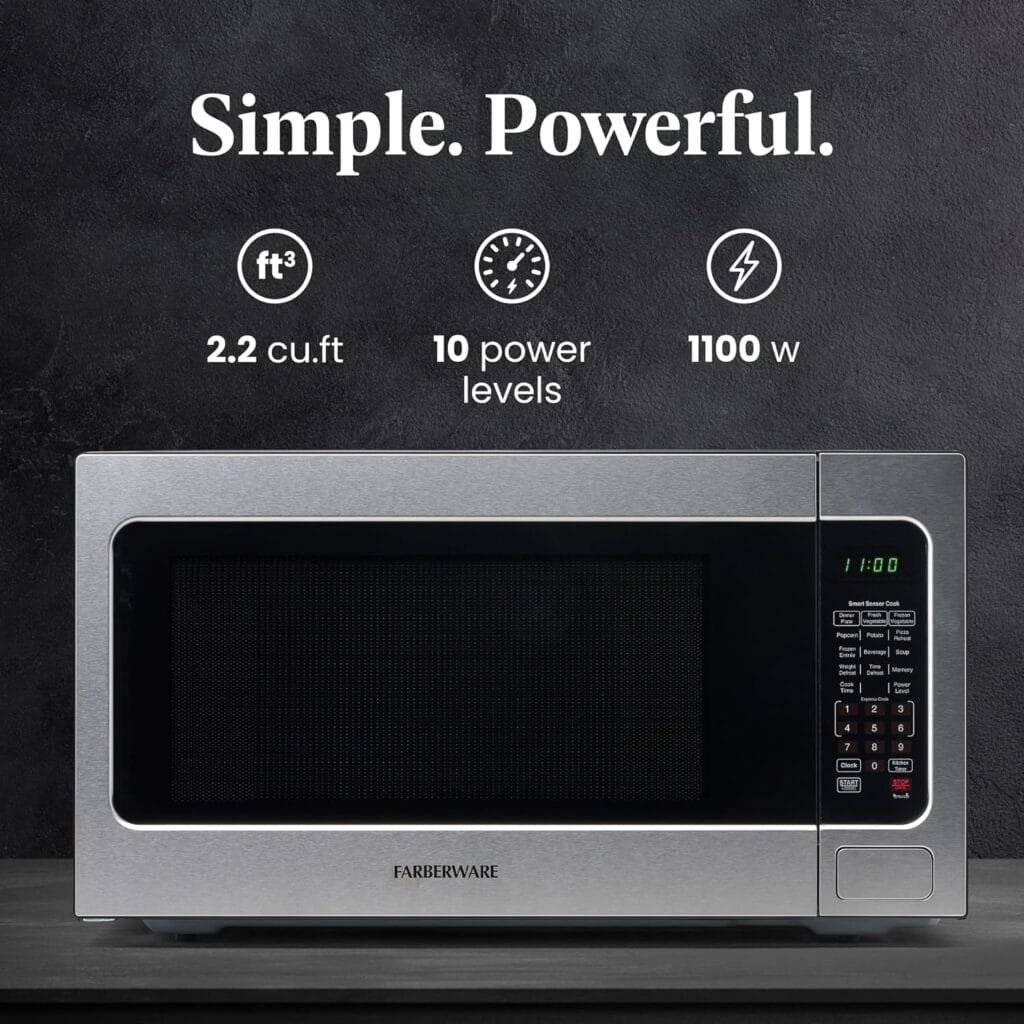 Farberware 1100W 2.2 cu ft Countertop Microwave Oven With Smart Sensor, LED Lighting, Child Lock - For Apartments and Dorms
