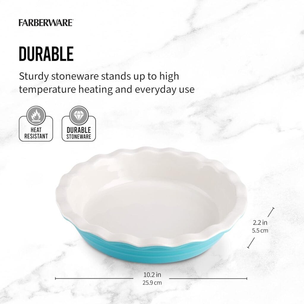 Farberware Bakers Advantage Durable Stoneware Ceramic Pie Dish, Ideal for Making Sweet and Savory Dishes, Heat Resistant, 10 Inch, Teal