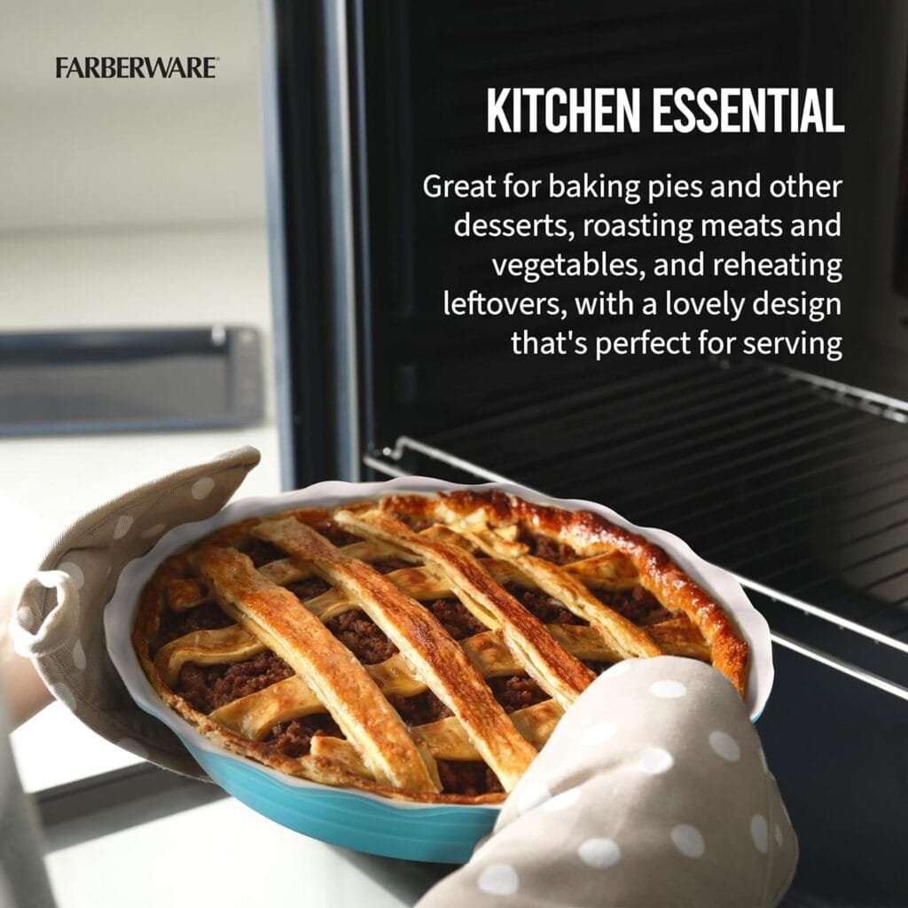 Farberware Bakers Advantage Durable Stoneware Ceramic Pie Dish, Ideal for Making Sweet and Savory Dishes, Heat Resistant, 10 Inch, Teal