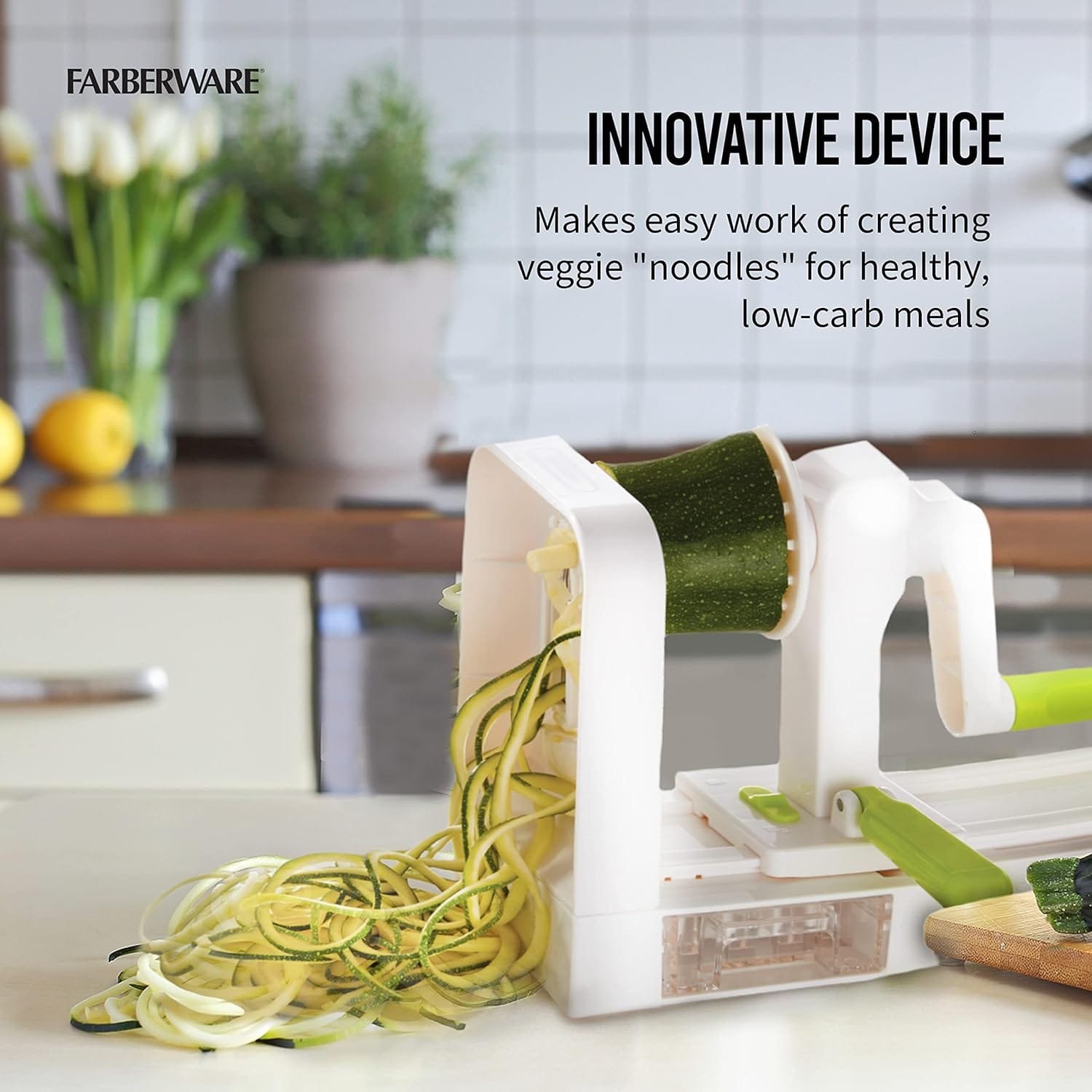 Farberware Professional Foldable Fruit And Vegetable Spiralizer Slicer Easy Store Fold And Lock With 4 Blades And Built In Blade Storage Caddy, White