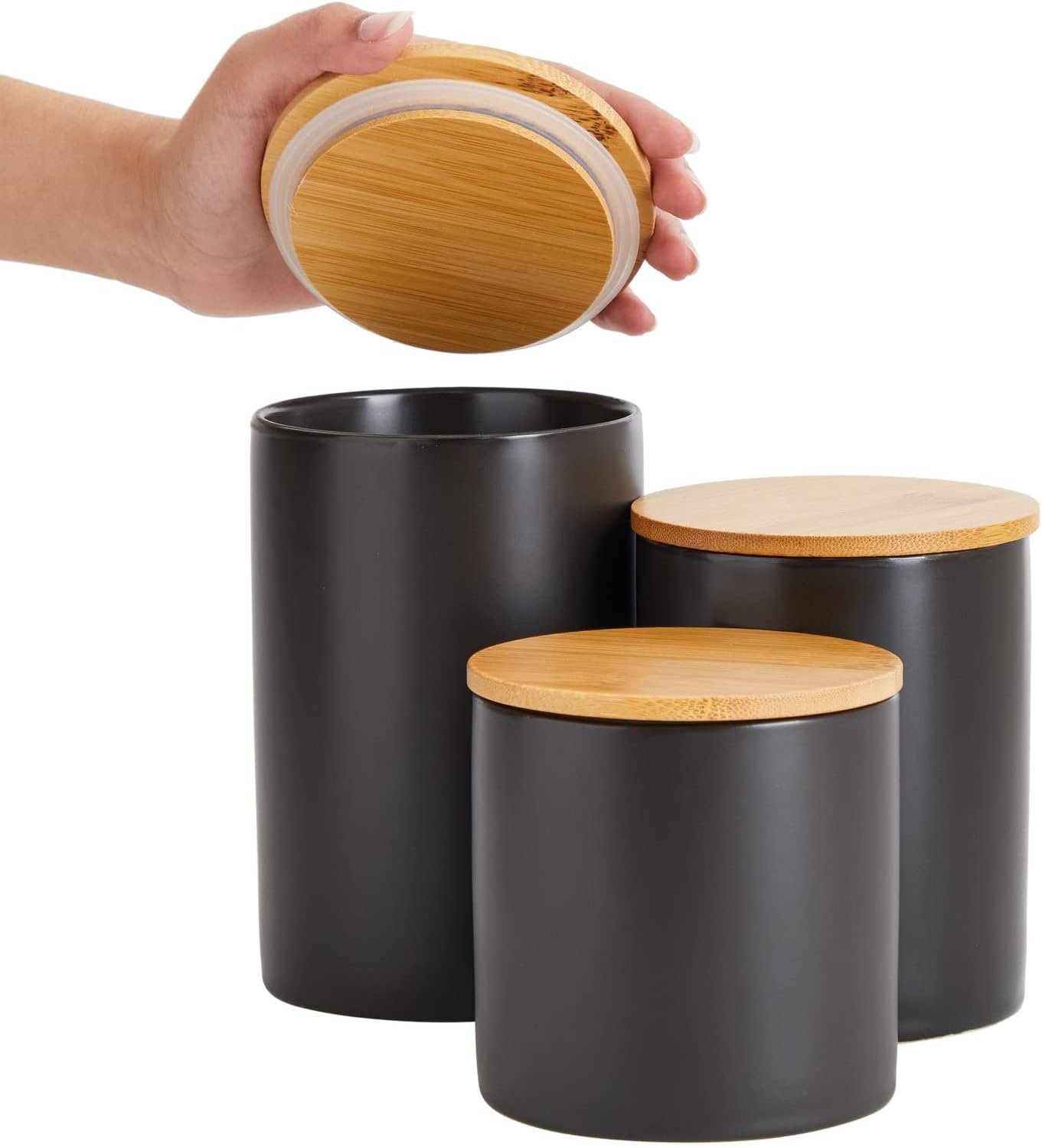 Farmlyn Creek Set of 3 Matte Black Kitchen Canisters with Bamboo Lids for Countertop, Coffee, Tea Storage (3 Sizes)