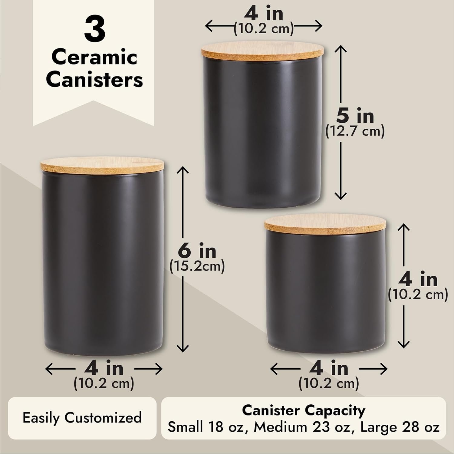 Farmlyn Creek Set of 3 Matte Black Kitchen Canisters with Bamboo Lids for Countertop, Coffee, Tea Storage (3 Sizes)