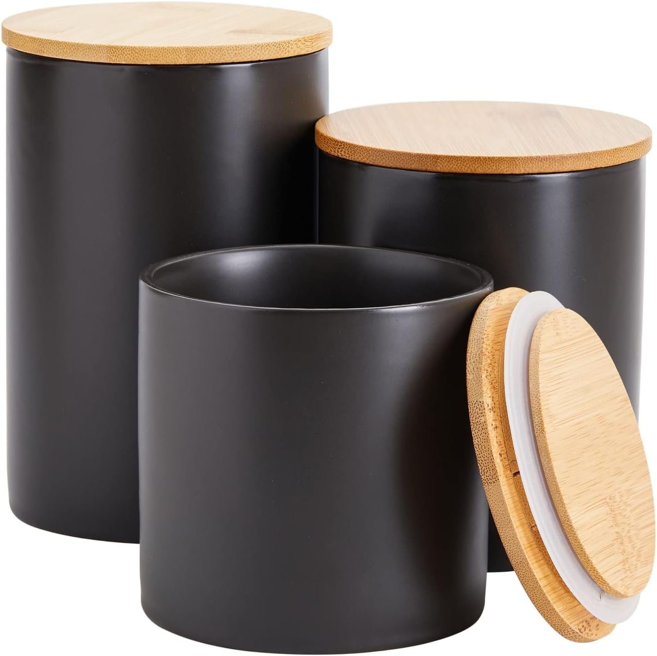 Farmlyn Creek Set of 3 Matte Black Kitchen Canisters with Bamboo Lids for Countertop, Coffee, Tea Storage (3 Sizes)