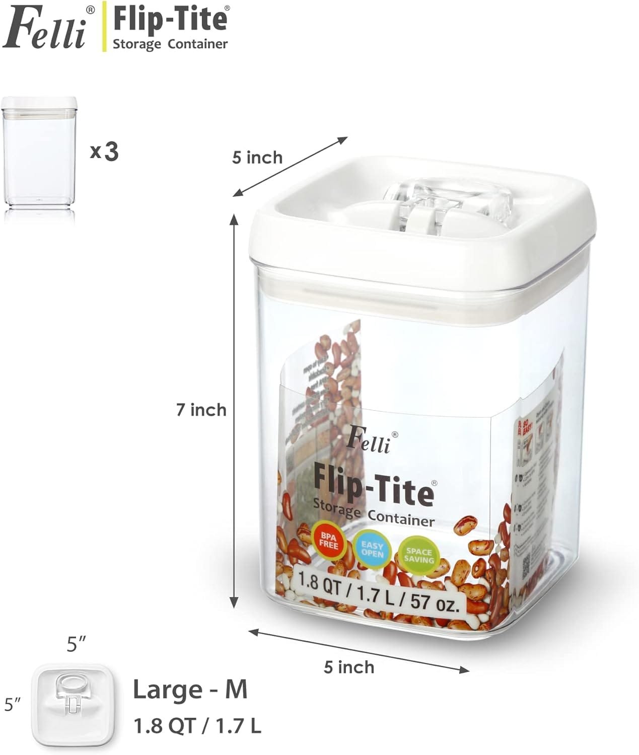 Felli Flip 5 Large Air Tight Food Storage Container - For Flour, Rice, Sugar