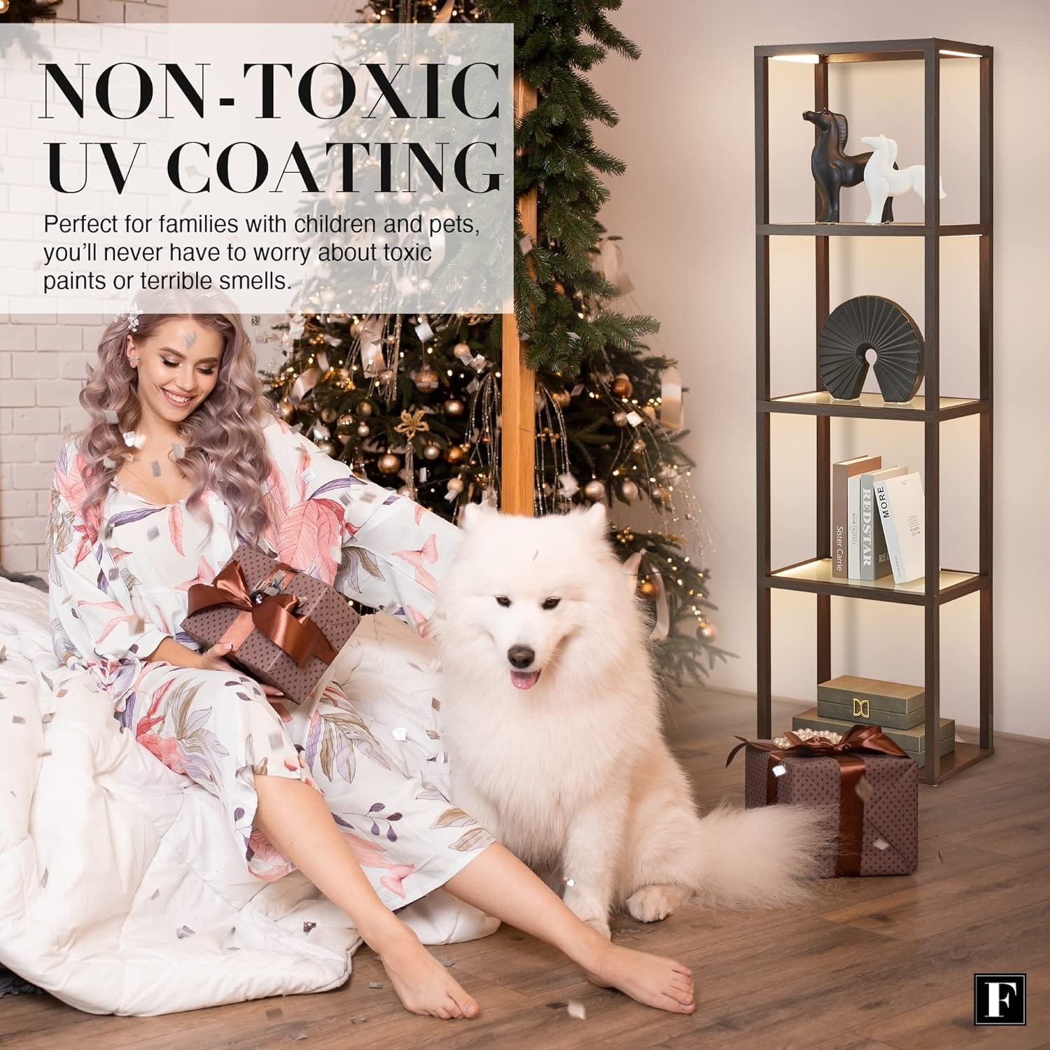 FENLO Fantasy Plus 66 Luxury Glass Display Shelf with Dimmable LED Floor Lamps, Sturdy Curio Cabinet with Bookcase Display Shelves for Bedroom, Open Bookshelf, Black