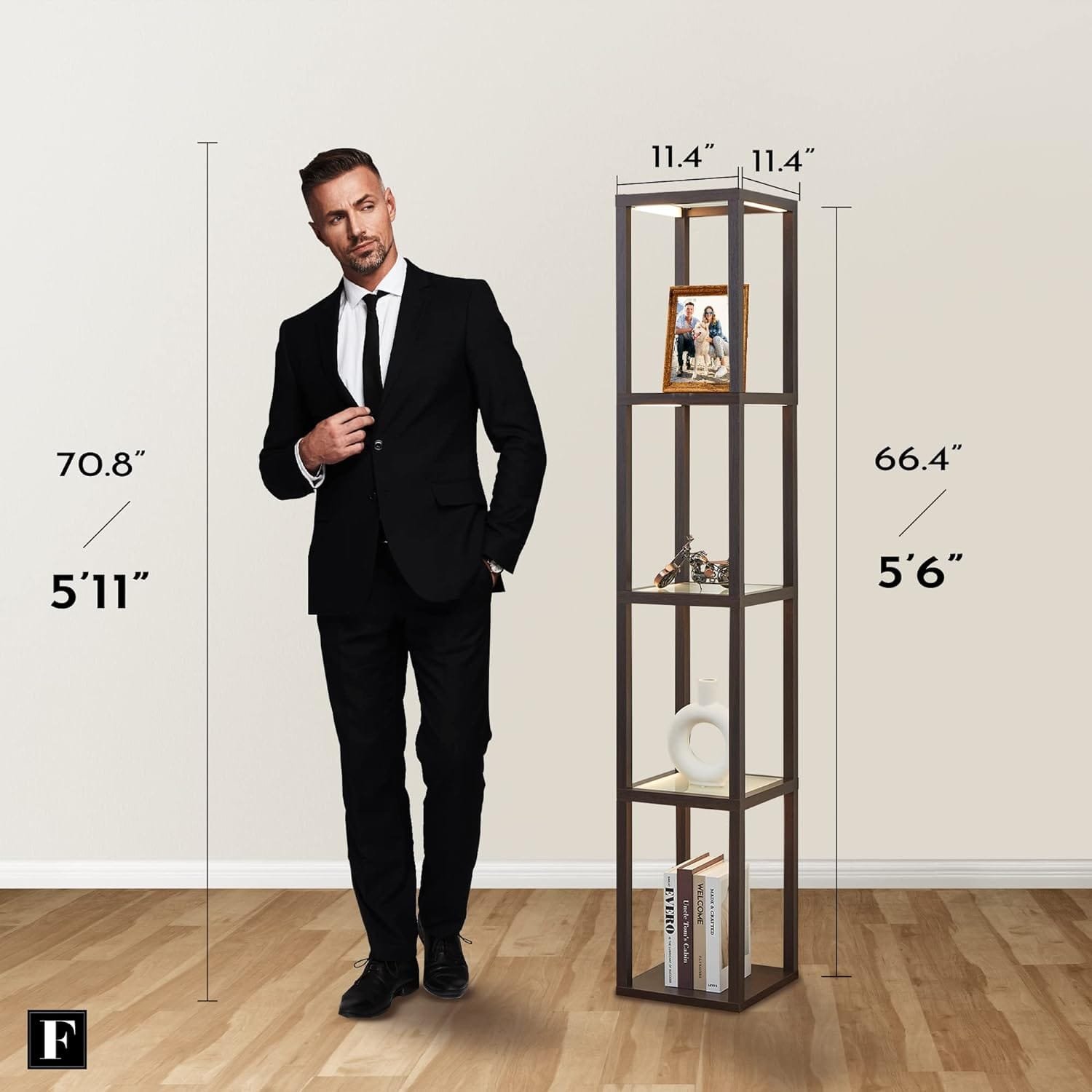 FENLO Fantasy Plus 66 Luxury Glass Display Shelf with Dimmable LED Floor Lamps, Sturdy Curio Cabinet with Bookcase Display Shelves for Bedroom, Open Bookshelf, Black