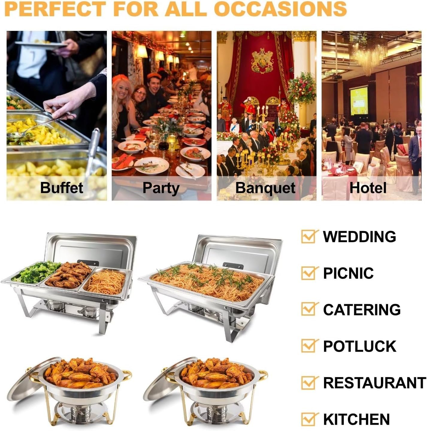 Festa Essential 4 Pack 8QT Rectangular Chafing Dish Buffet Set Stainless Steel Catering Chafers Food Warmer with Full,Half,1/3 Food Pan,Fuel Holder,Foldable Frame for Weddings/Parties/Banquets Events Festa Essential 4 Pack 8QT Rectangular Chafing Dish Buffet Set Stainless Steel Catering Chafers Food Warmer with Full,Half,1/3 Food Pan,Fuel Holder,Foldable Frame for Weddings/Parties/Banquets Events
