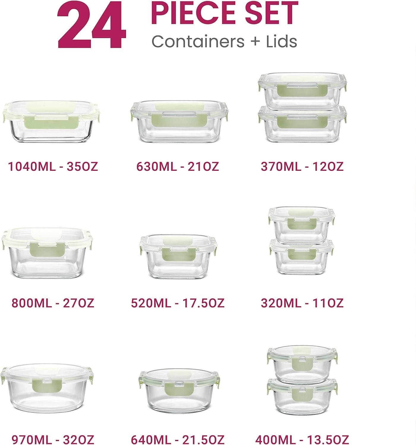 FineDine 24 Piece Glass Storage Containers with Lids - Leak Proof, Dishwasher Safe Glass Food Storage Containers for Meal Prep or Leftovers, Gray