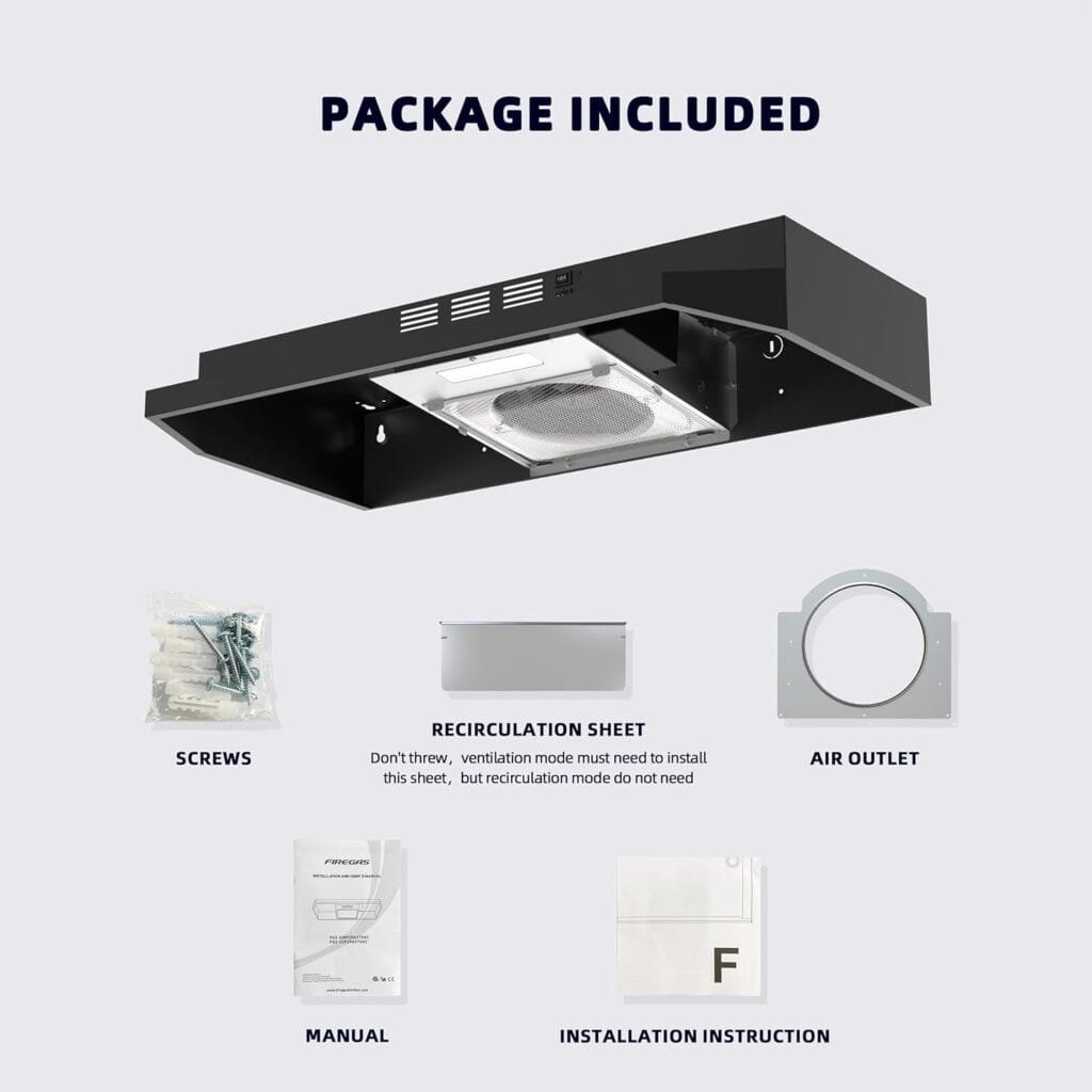 FIREGAS 30 inch Range Hood Under Cabinet, Ducted/Ductless Convertible Stainless Steel Kitchen Range Hood with Rocker Button Control, 2 Speed Exhaust Fan, 300 CFM Aluminum Filter Included