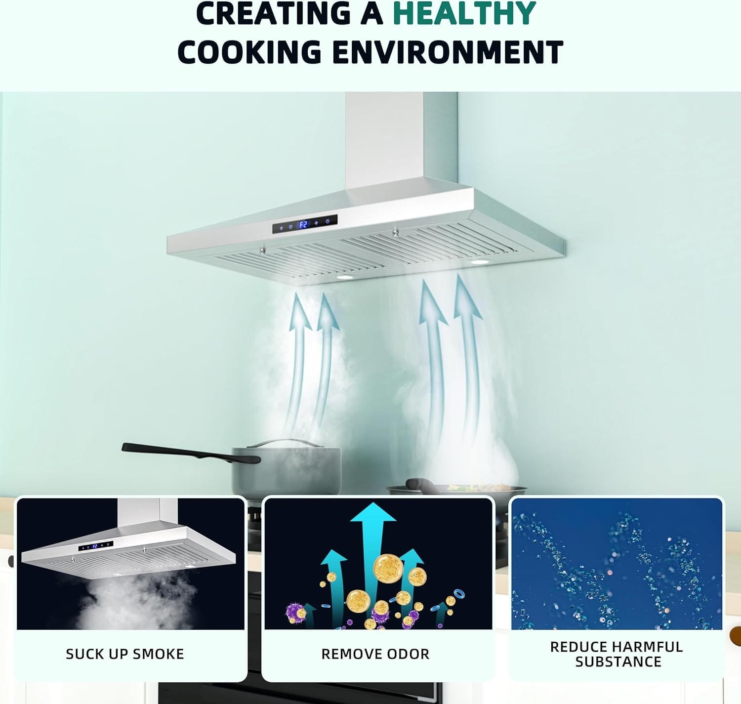 FIREGAS Range Hood 30 Inch, Stainless Steel Wall Mount Kitchen Hood 450 CFM with 3 Speed Exhaust Fan, Ducted/Ductless Convertible, Stove Vent Hood for Kitchen with Aluminium Mesh and Charcoal Filters