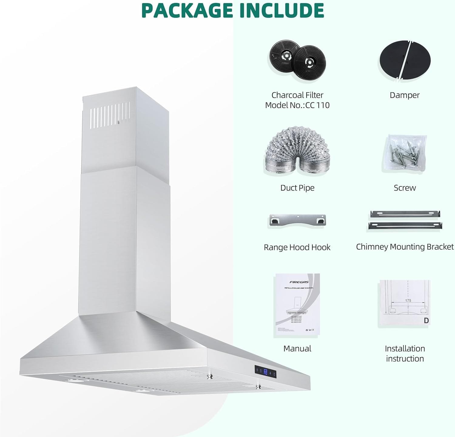 FIREGAS Range Hood 30 Inch, Stainless Steel Wall Mount Kitchen Hood 450 CFM with 3 Speed Exhaust Fan, Ducted/Ductless Convertible, Stove Vent Hood for Kitchen with Aluminium Mesh and Charcoal Filters