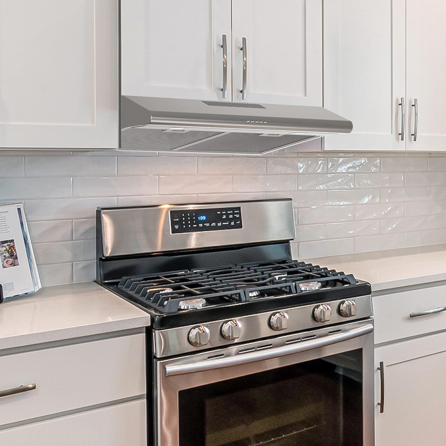 FIREGAS Under Cabinet Range Hood 36 inch with Ducted/Ductless Convertible, Slim Kitchen Stove Vent Hood, LED Light, 3 Speed Exhaust Fan, Reusable Aluminum Filter, Push Button,Charcoal Filter FIREGAS Under Cabinet Range Hood 36 inch with Ducted/Ductless Convertible, Slim Kitchen Stove Vent Hood, LED Light, 3 Speed Exhaust Fan, Reusable Aluminum Filter, Push Button,Charcoal Filter