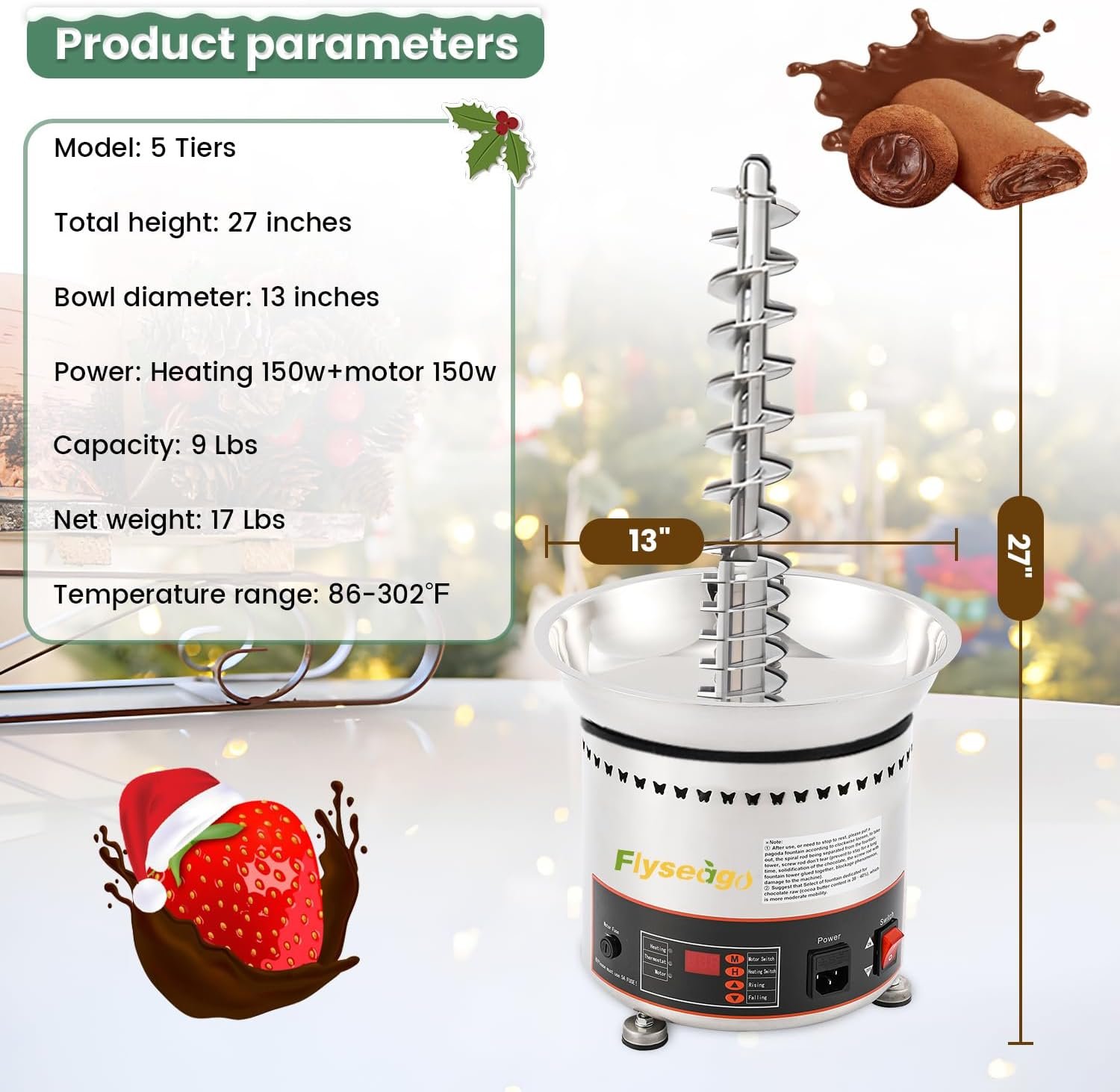 Flyseago Chocolate Fountains Commercial 5 Tiers 9Lbs Large Chocolate Waterfall Machine Stainless Steel Hot Cheese Fondue Tower Easy Assembly Perfect for Candy BBQ Sauce Ranch Liqueurs Digital-control