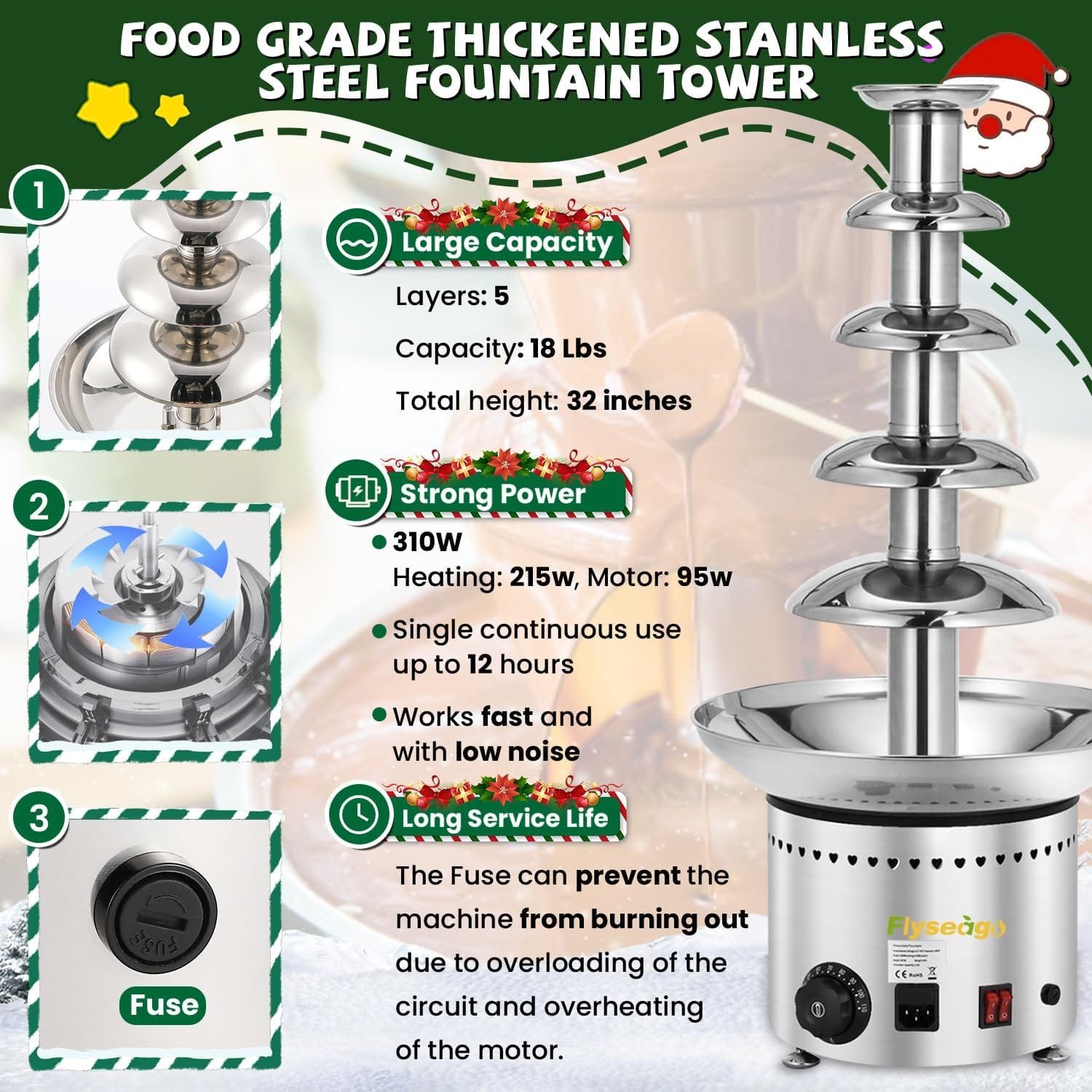 Flyseago Commercial Chocolate Fountain 5 Layers 18Lbs Large Chocolate Fondue Tower Stainless Steel Hot Chocolate Waterfall for Nacho Cheese Knob Control Flyseago Commercial Chocolate Fountain 5 Layers 18Lbs Large Chocolate Fondue Tower Stainless Steel Hot Chocolate Waterfall for Nacho Cheese Knob Control