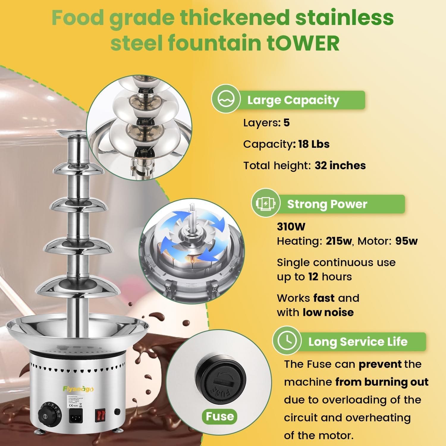 Flyseago Commercial Chocolate Fountain 5 Tiers 13.2 Lbs Nacho Cheese Fountain Stainless Steel Hot Fondue Fountain Machine for Bakery, Party, Gathering, Wedding, Rental, Knob Control Flyseago Commercial Chocolate Fountain 5 Tiers 13.2 Lbs Nacho Cheese Fountain Stainless Steel Hot Fondue Fountain Machine for Bakery, Party, Gathering, Wedding, Rental, Knob Control