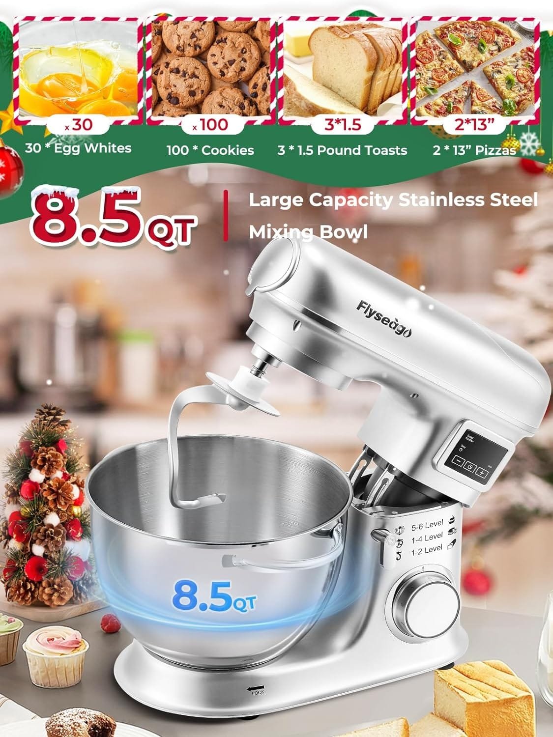 Flyseago Stand Mixer 8-IN-1 8.5 Qt Multifunctional Electric Kitchen Mixer 6 Speed Tilt-Head with Stainless Steel Bowl, 1.5L Glass Jar, Meat Grinder, Dough Hook, Whisk, Pasta Attachment